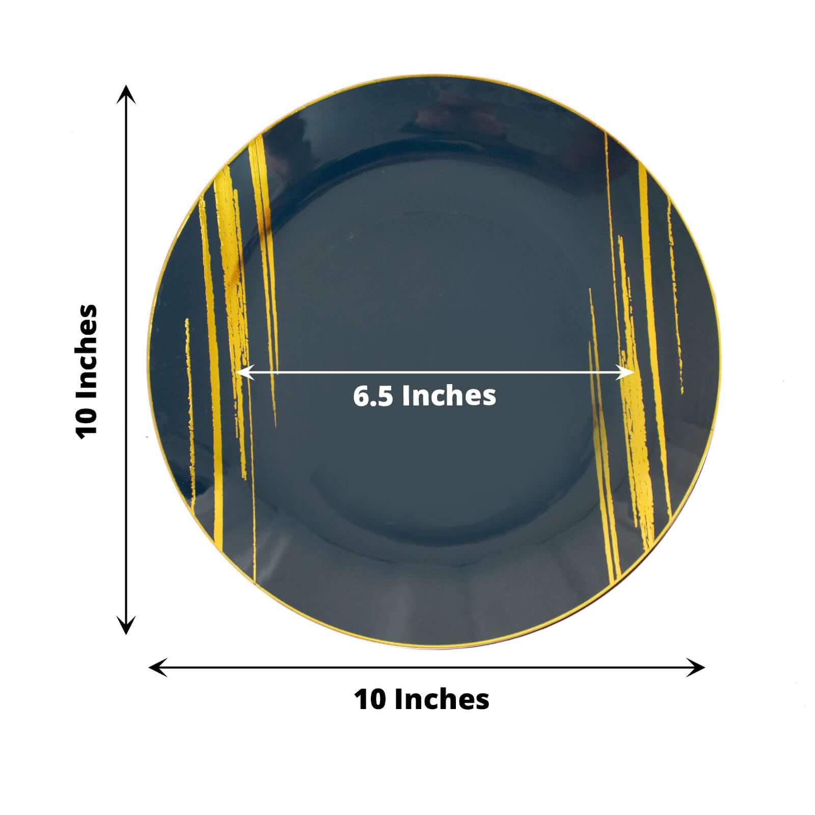 10-Piece Set of Disposable Navy Blue Plastic Round Dinner Plates with Gold Brush Print