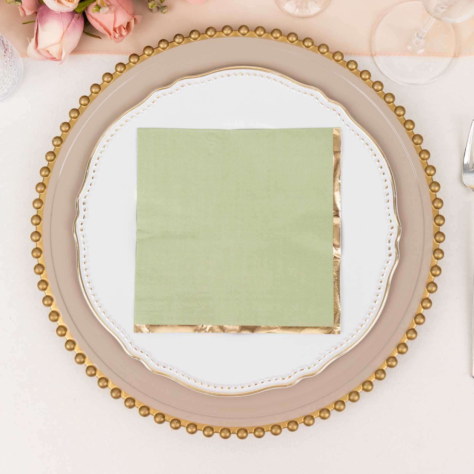 50-Pack Disposable 2-Ply Sage Green Paper Beverage Napkins with Gold Foil Edge - Ideal for Events