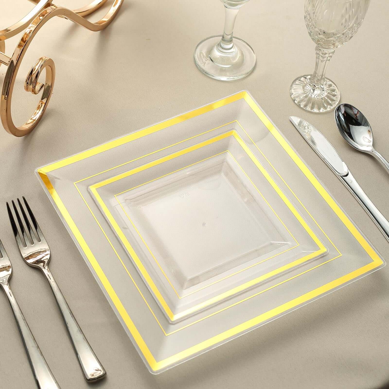 10-Pack Disposable Clear Square Salad & Dessert Plastic Plates with Elegant Gold Trim, 7 Inches