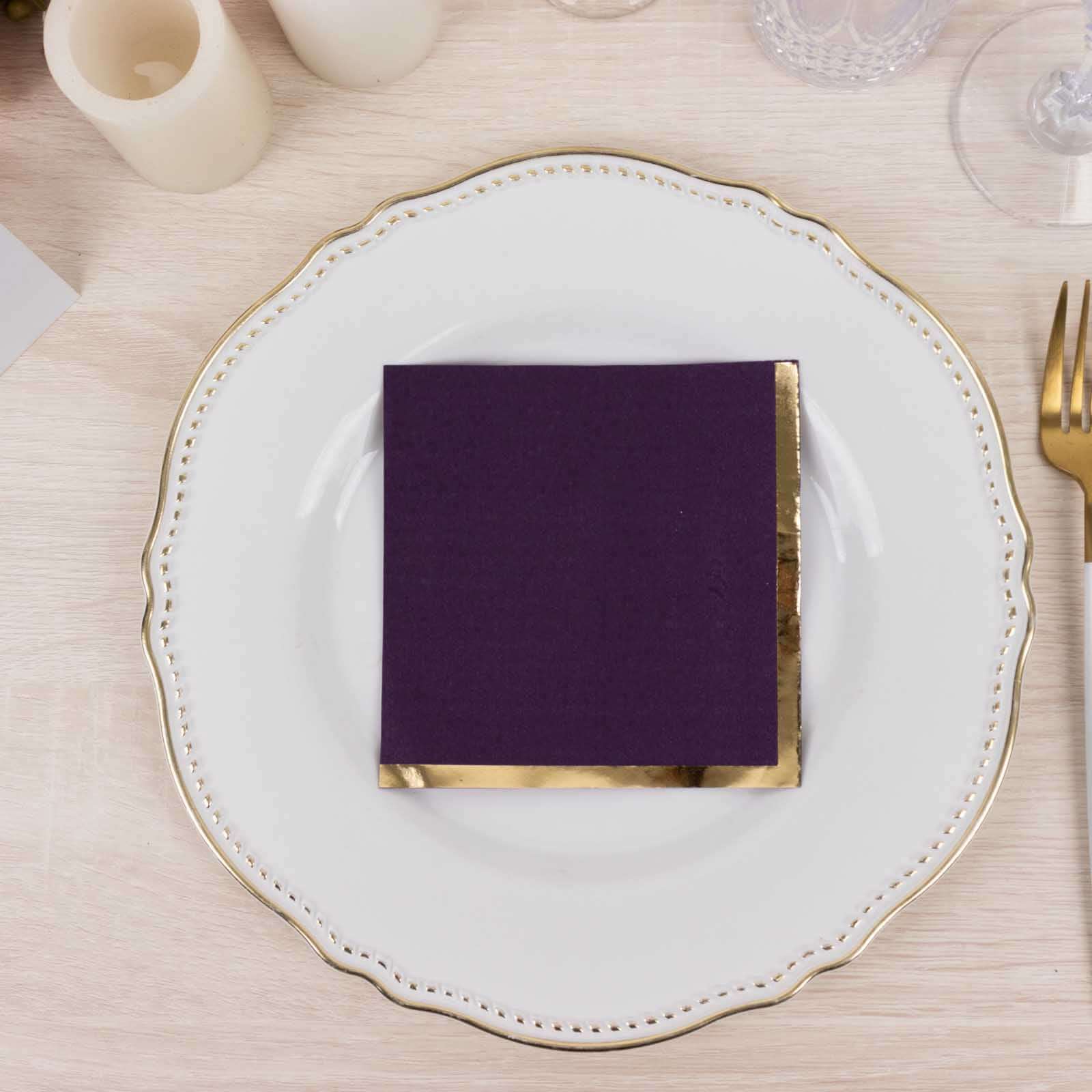 50-Piece 2-Ply Disposable Soft 18GSM Purple Cocktail Napkins with Gold Foil Edge, 5x5