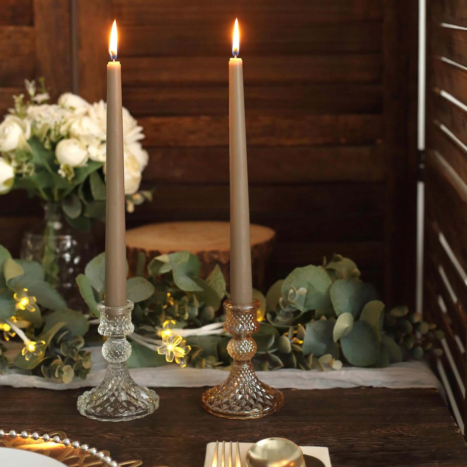 12-Piece Set of Premium Unscented Taupe Taper Candles, 10 Inches Tall