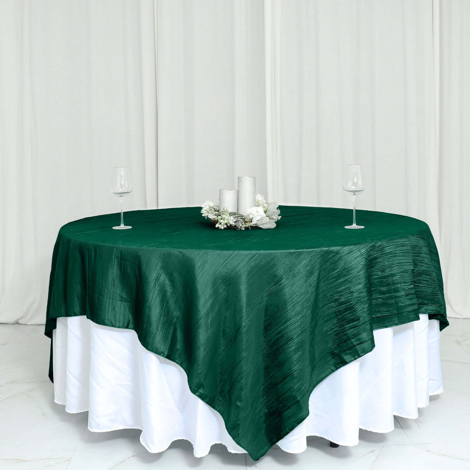 Hunter Emerald Green 90x90 Square Accordion Crinkle Taffeta Table Overlay