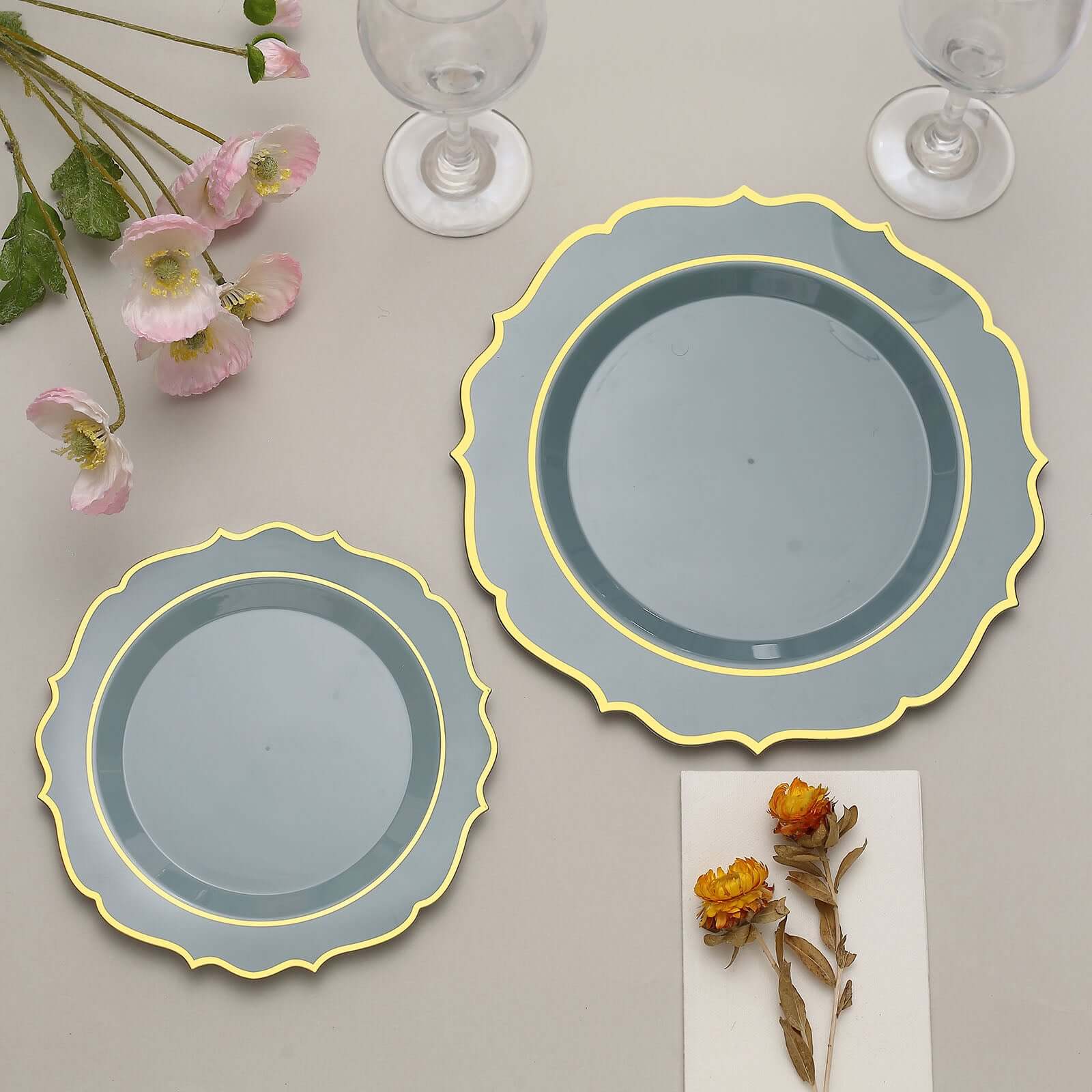 Get 10-Pack of Disposable Dusty Blue Plastic Round Dinner Plates with Gold Scalloped Rims for Party