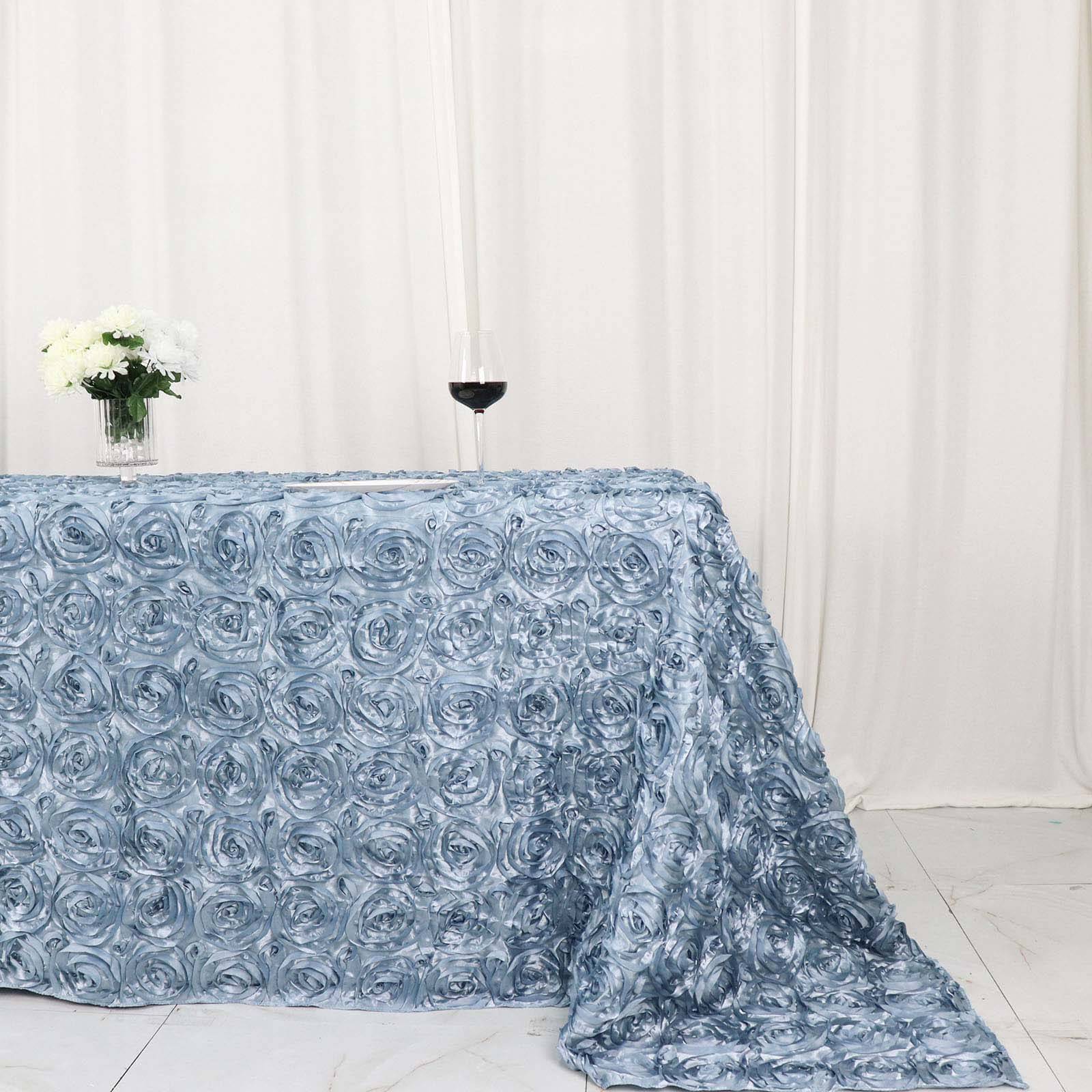 Dusty Blue High - Quality Satin 90x132 Rectangle Tablecloth with 3D Rosette Design