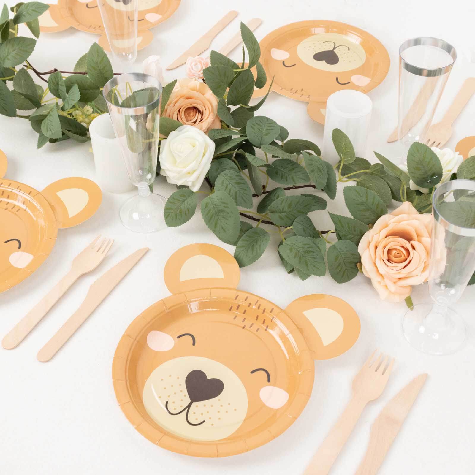 25-Pack Disposable 300GSM Brown Round Paper Plates with Cute Teddy Bear Print for Party