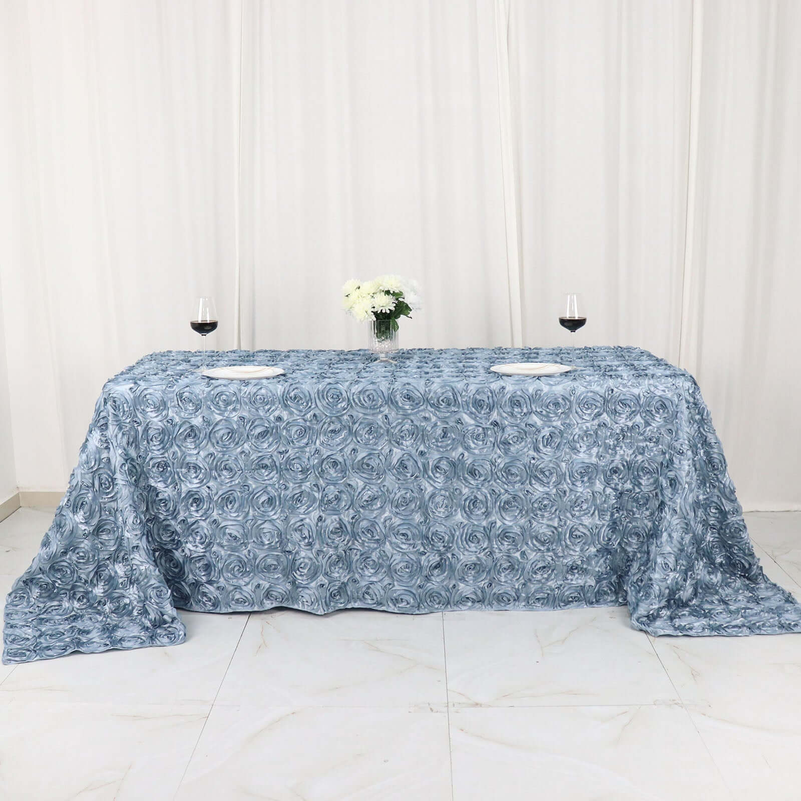 Dusty Blue High - Quality Satin 90x132 Rectangle Tablecloth with 3D Rosette Design