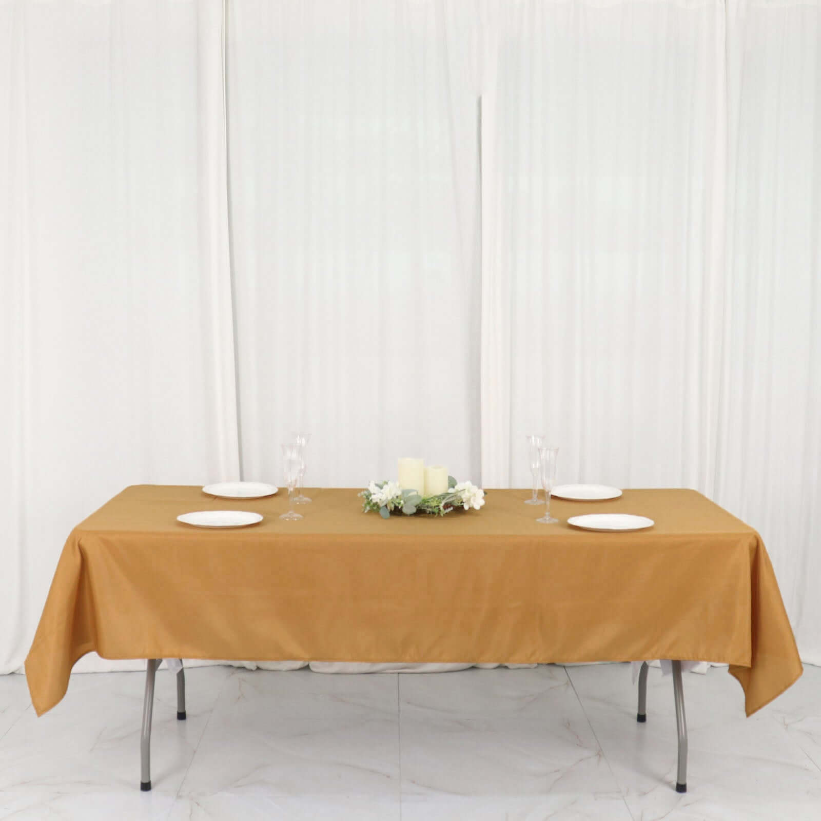 Wrinkle-Resistant Gold Polyester Rectangle Tablecloth 54x96 for Weddings and Events - Easy Care!