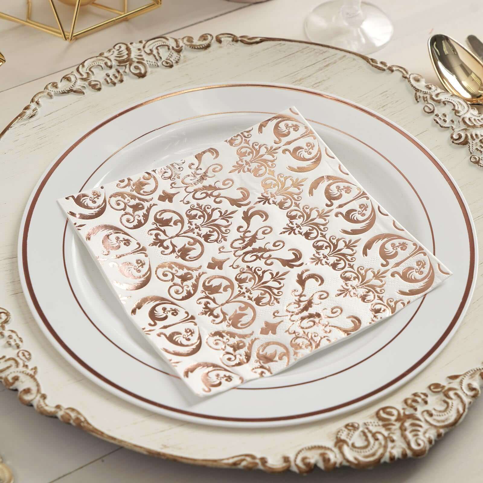 20-Pack Disposable 3-Ply Vintage Rose Gold Metallic Print Paper Dinner Napkins for Weddings