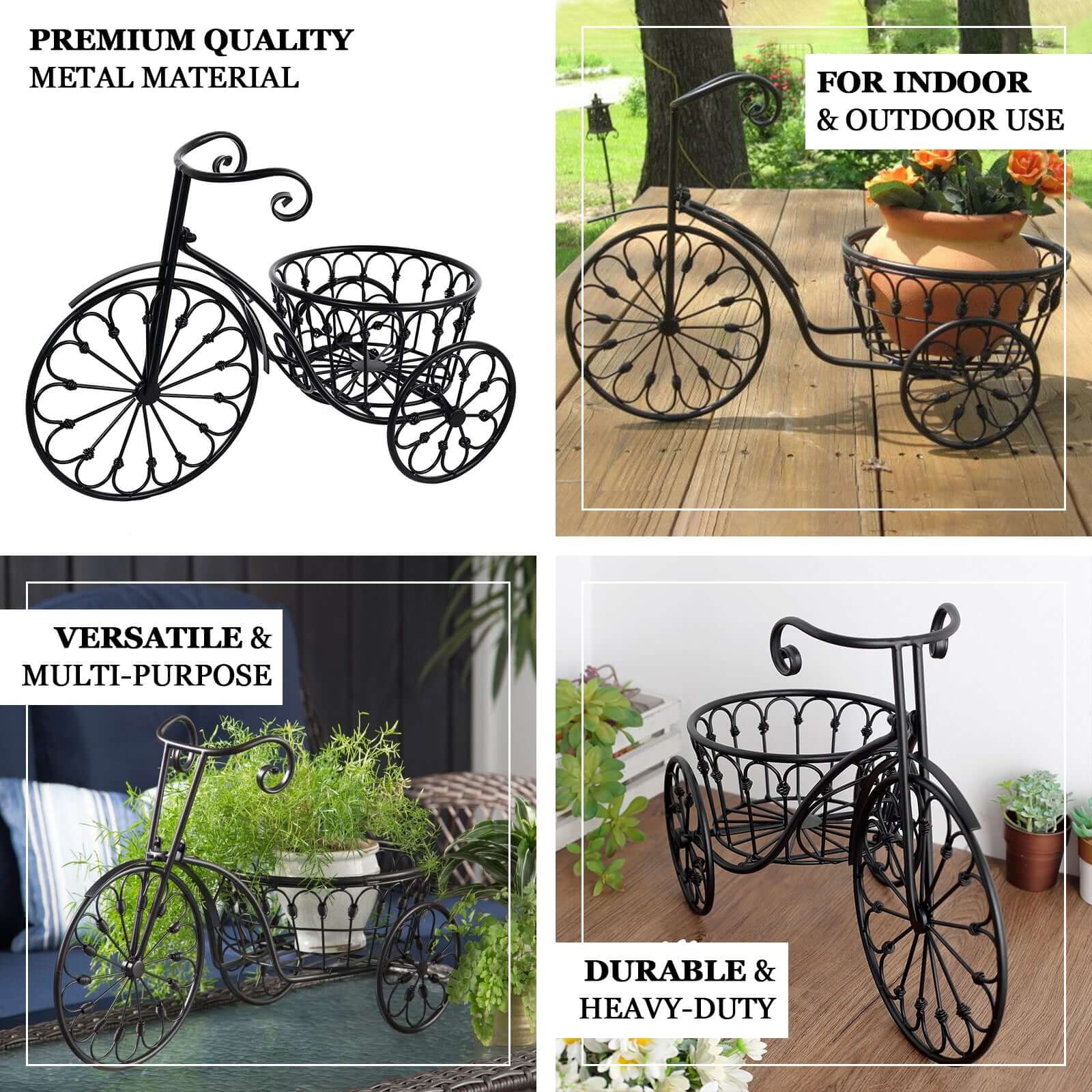 Black Tricycle Metal Planter Basket - Ideal for Indoor/Outdoor Decor