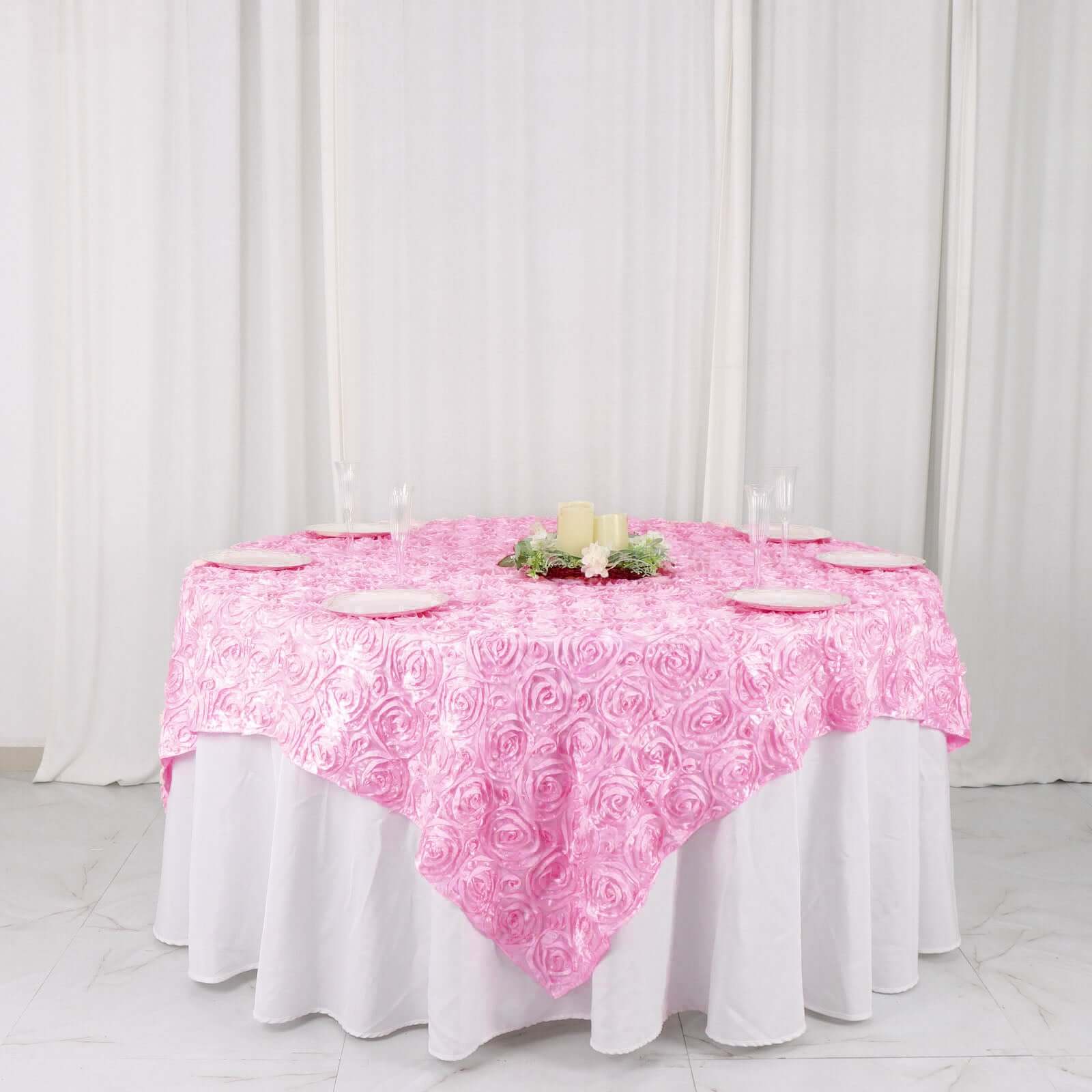 Pink 72x72 Satin Square Table Overlay with 3D Rosette Design