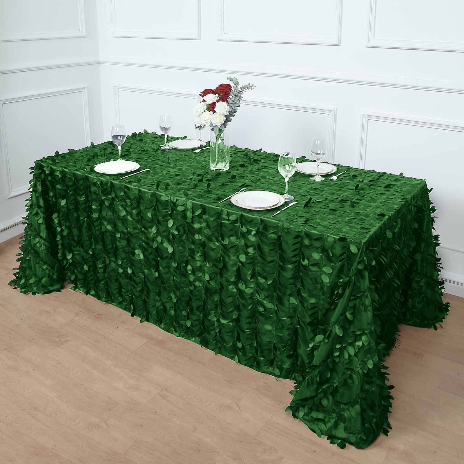 Exclusive Green Taffeta Rectangle Tablecloth with 3D Leaf Petal Design, 90x132