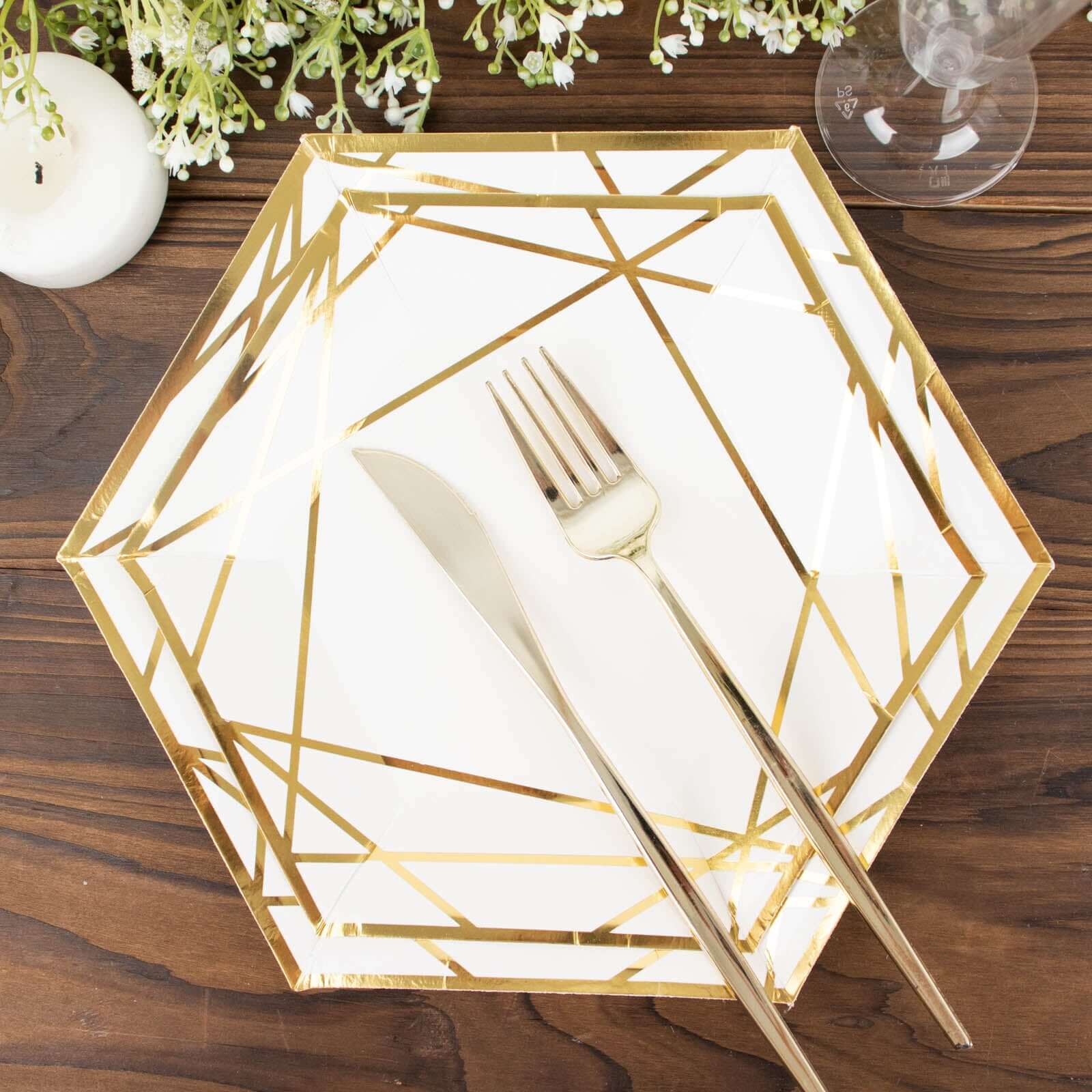 Hot Deal! 25-Pack White & Gold Geometric Hexagon Disposable Paper Dessert Plates for Events