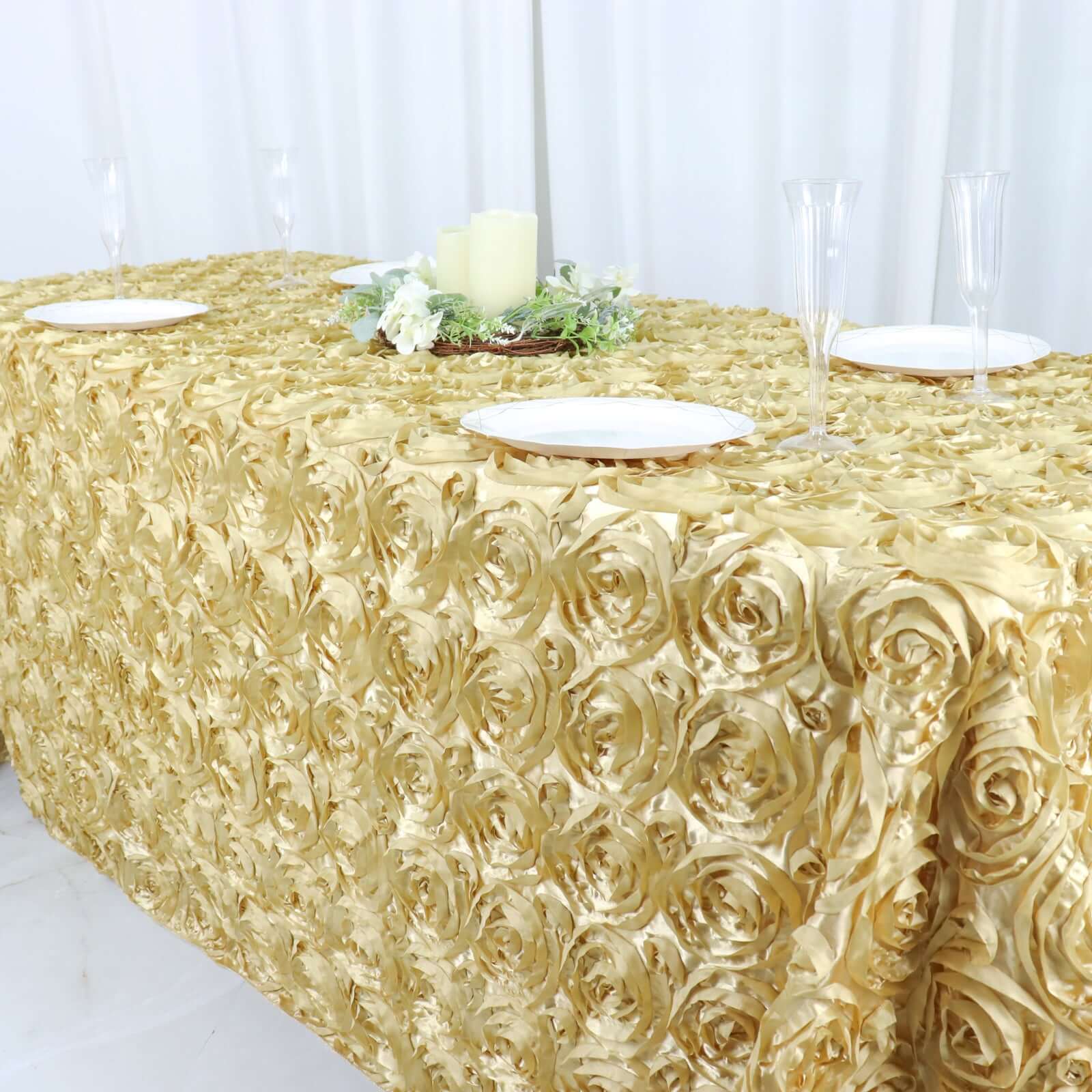 Champagne Satin 90x132 Rectangle Tablecloth with Stunning 3D Rosette Design