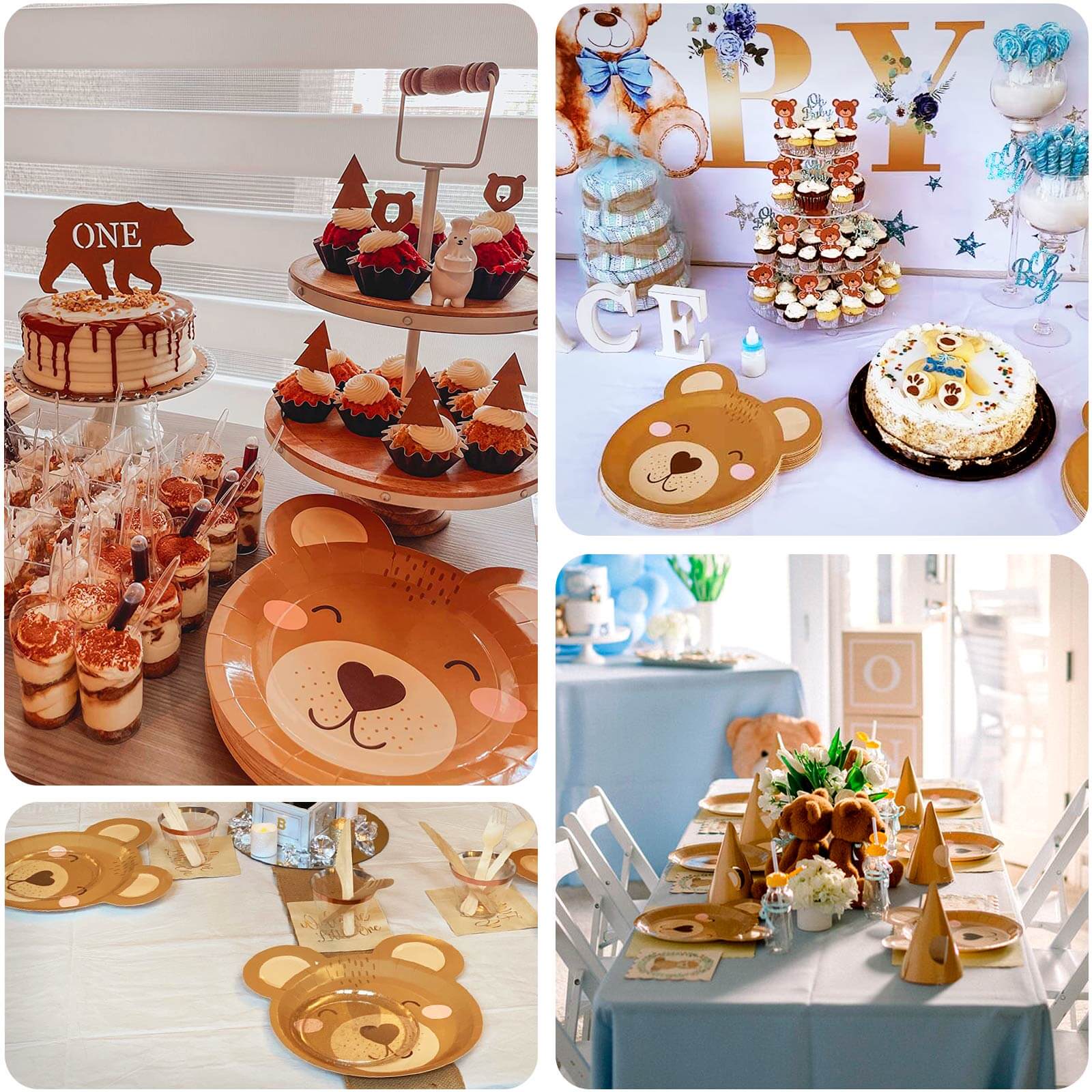 25-Pack Disposable 300GSM Brown Round Paper Plates with Cute Teddy Bear Print for Party