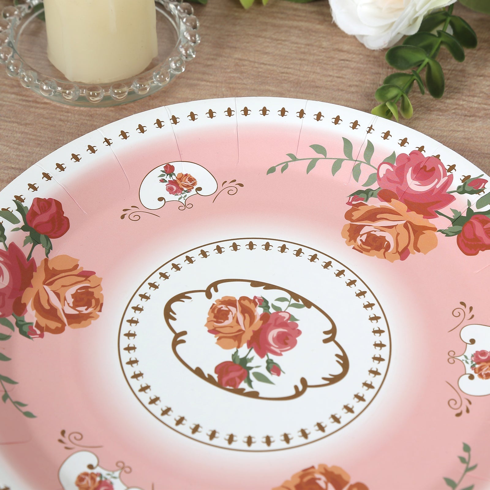 25-Piece Set of 9-Inch Disposable Dusty Rose Paper Dinner Plates with Vintage Rose Prints