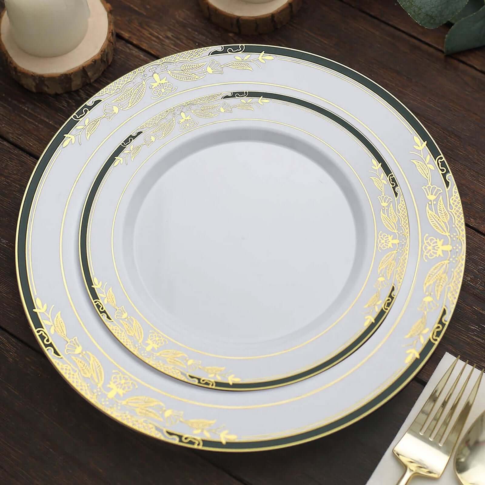 Hot Deal! 10-Pack Disposable 8-Inch Round Dessert & Salad Plates in White with Green & Gold Rim for Special Events