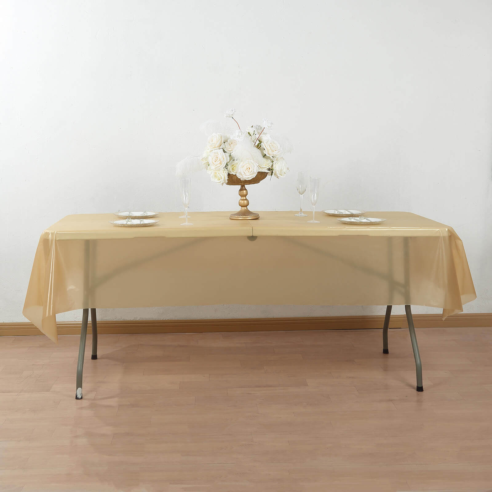 Customizable Gold Plastic Table Cover Roll with Slide Cutter, 54x300ft