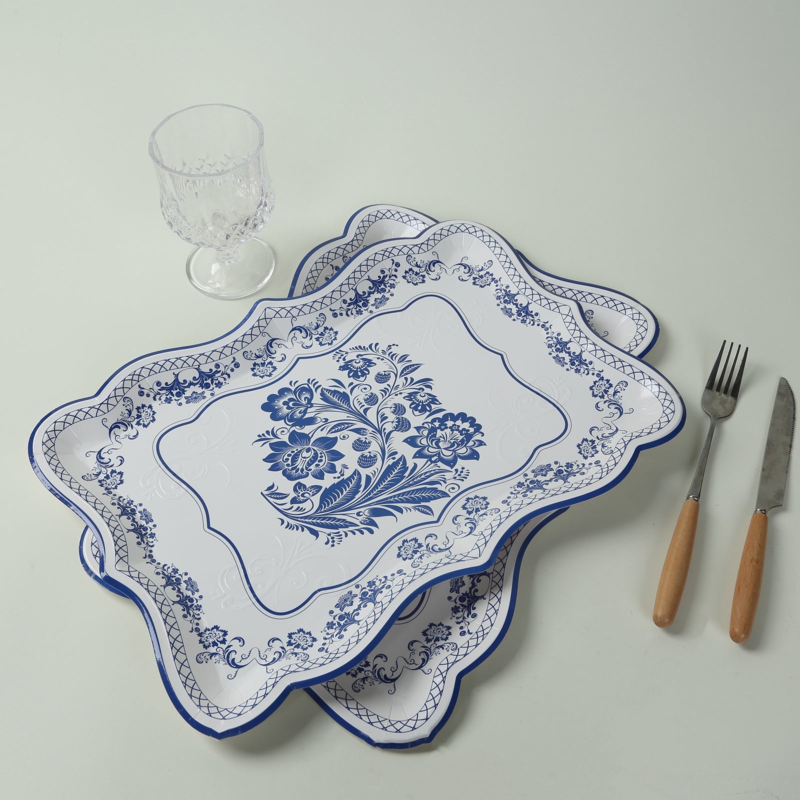 10-Pack Heavy Duty Disposable 400GSM Cardboard Serving Trays with White & Royal Blue Damask Floral Pattern for Weddings & Parties