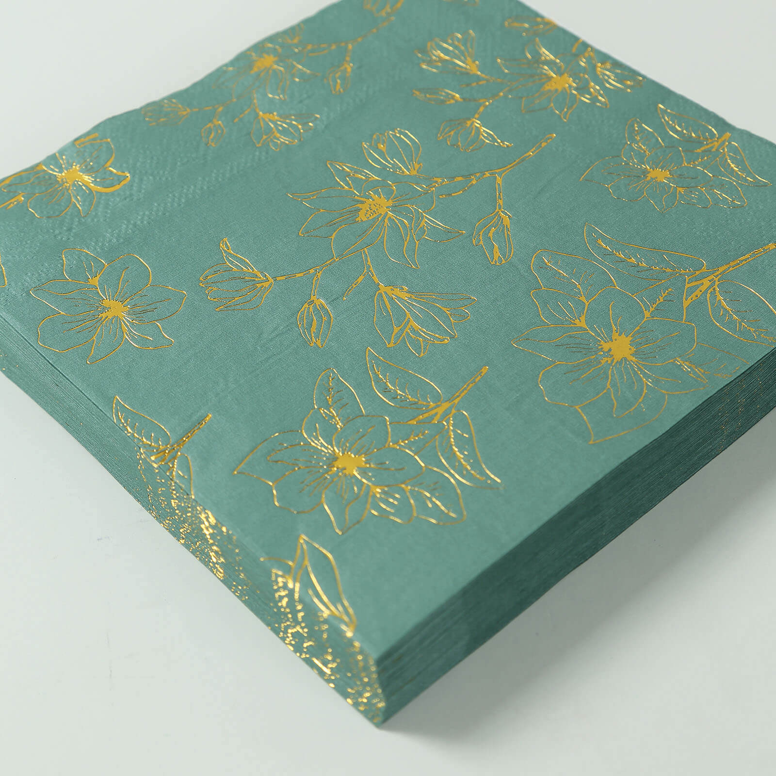 Get 50-Pack 2-Ply Absorbent Paper Cocktail Napkins with Gold Magnolia Prints in Dusty Sage Green