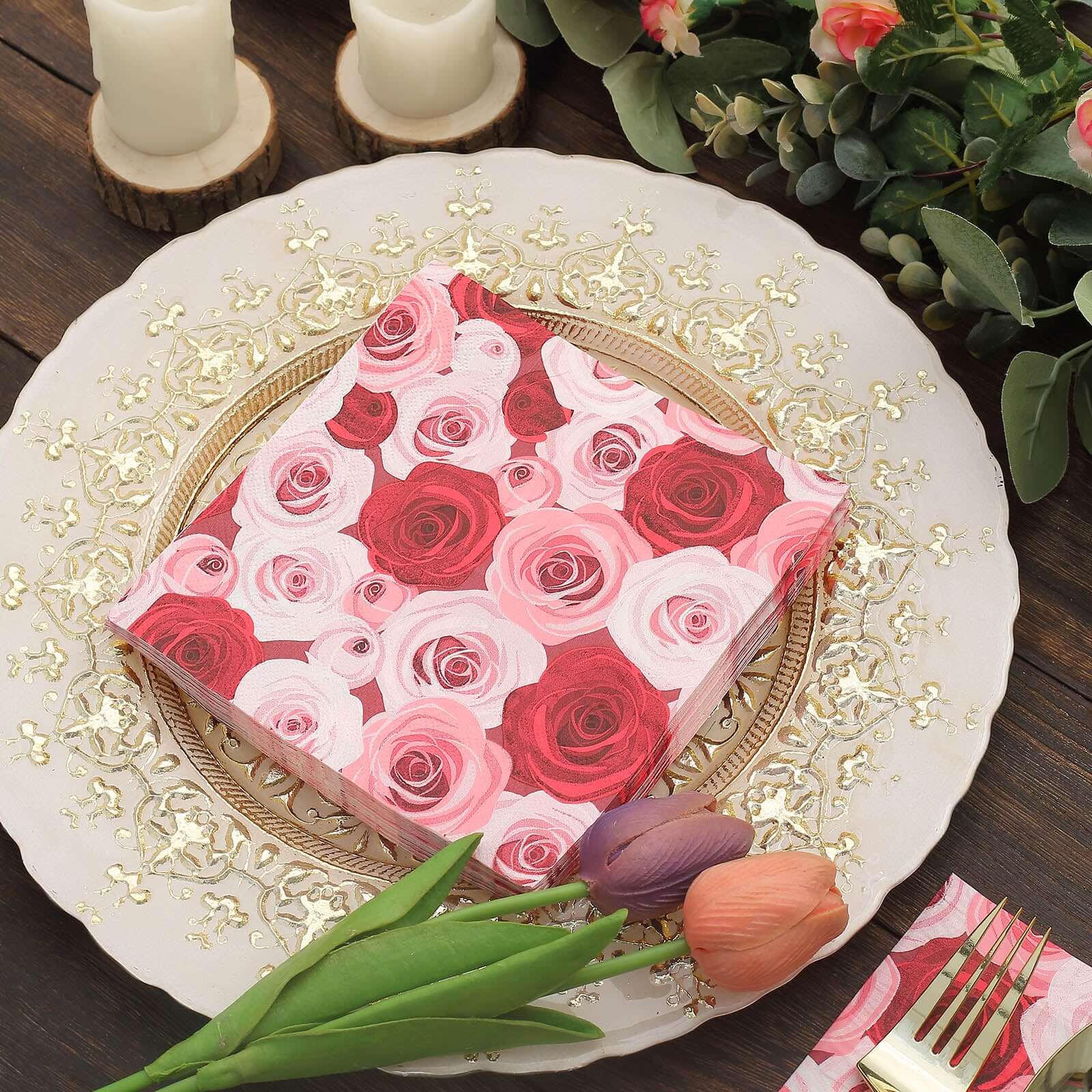 50-Pack 2-Ply Soft 18GSM Red/Pink Floral Design Paper Beverage Napkins for Weddings