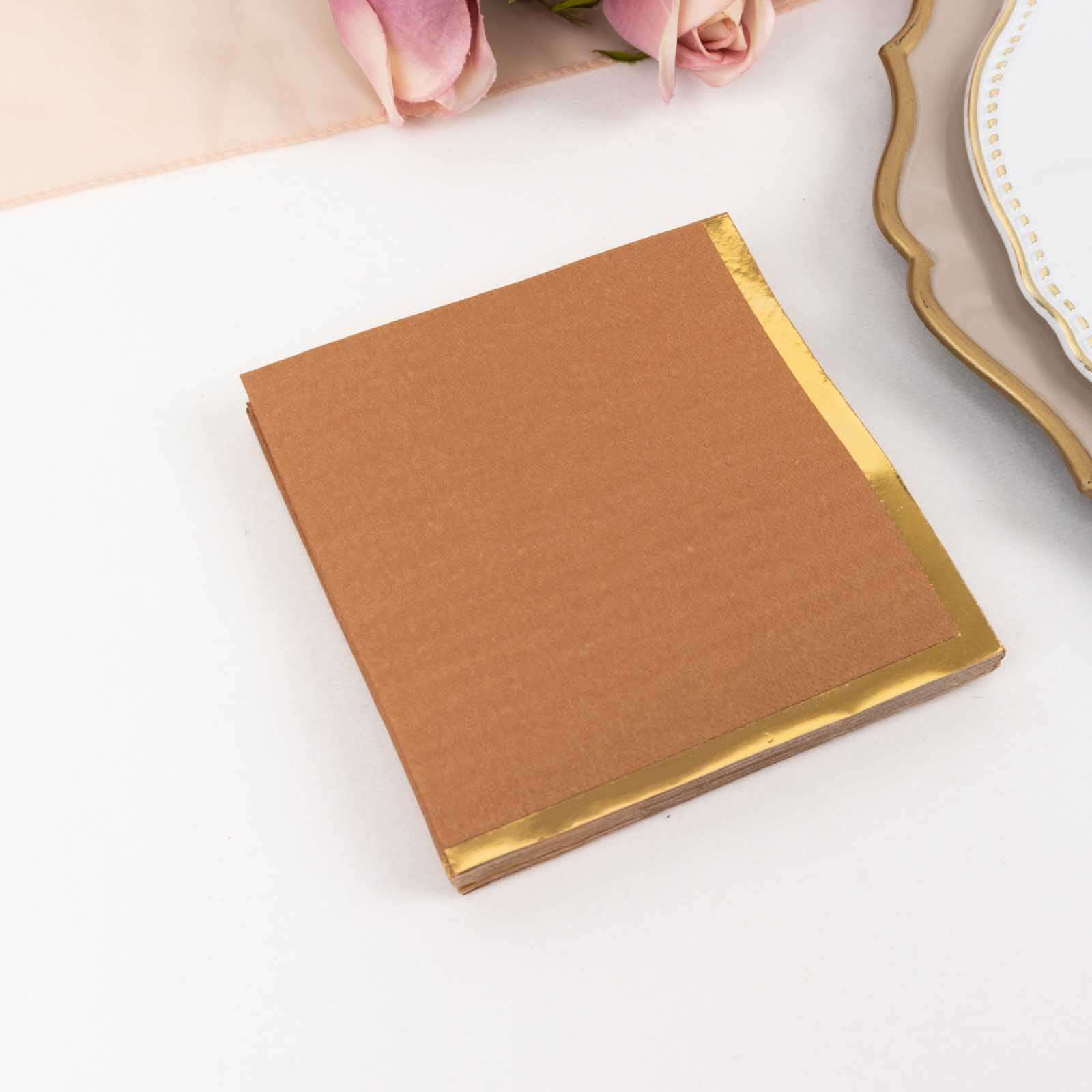 50-Piece 2-Ply Disposable Soft 18GSM Terracotta (Rust) Cocktail Napkins with Gold Foil Edge 5x5