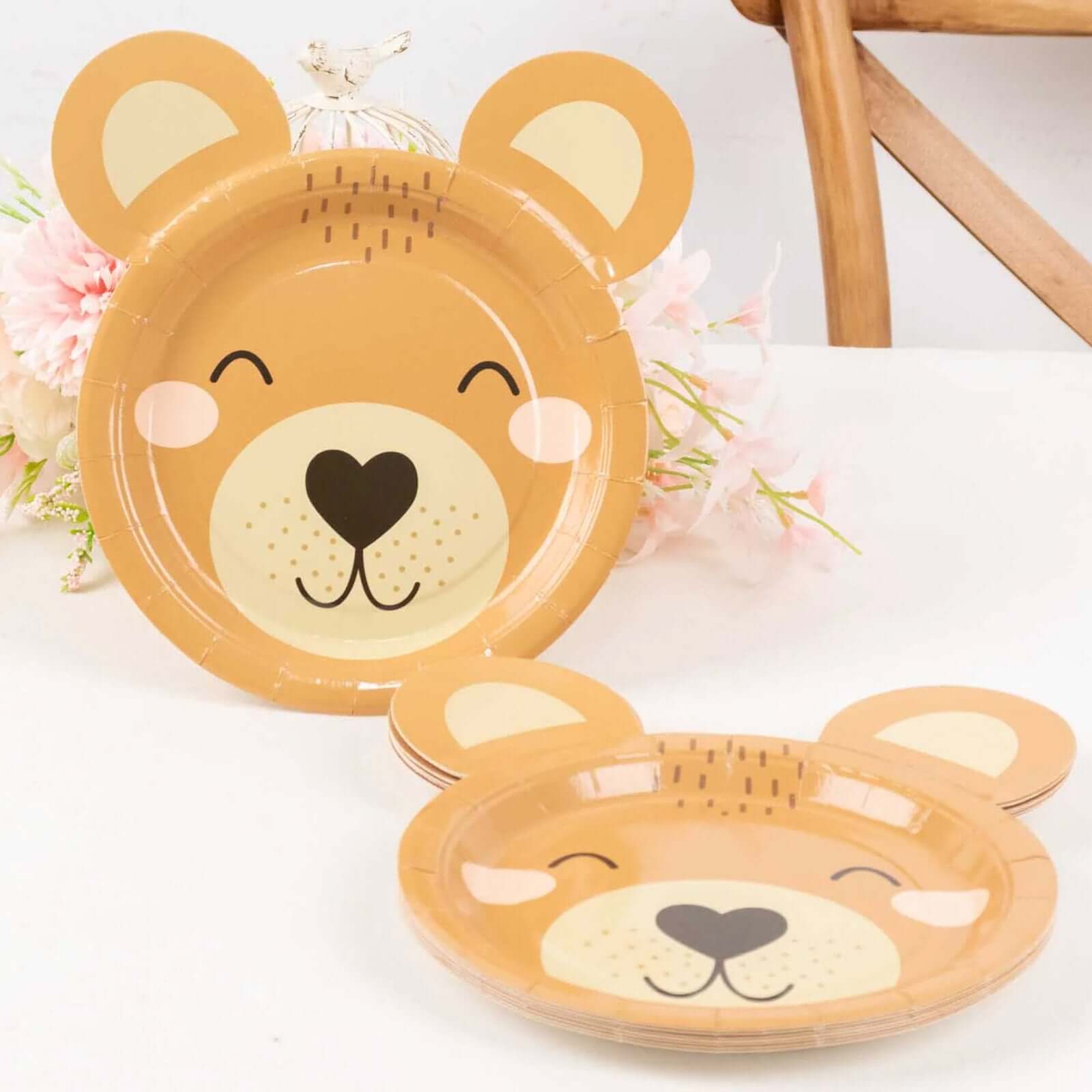 25-Pack Disposable 300GSM Brown Round Paper Plates with Cute Teddy Bear Print for Party