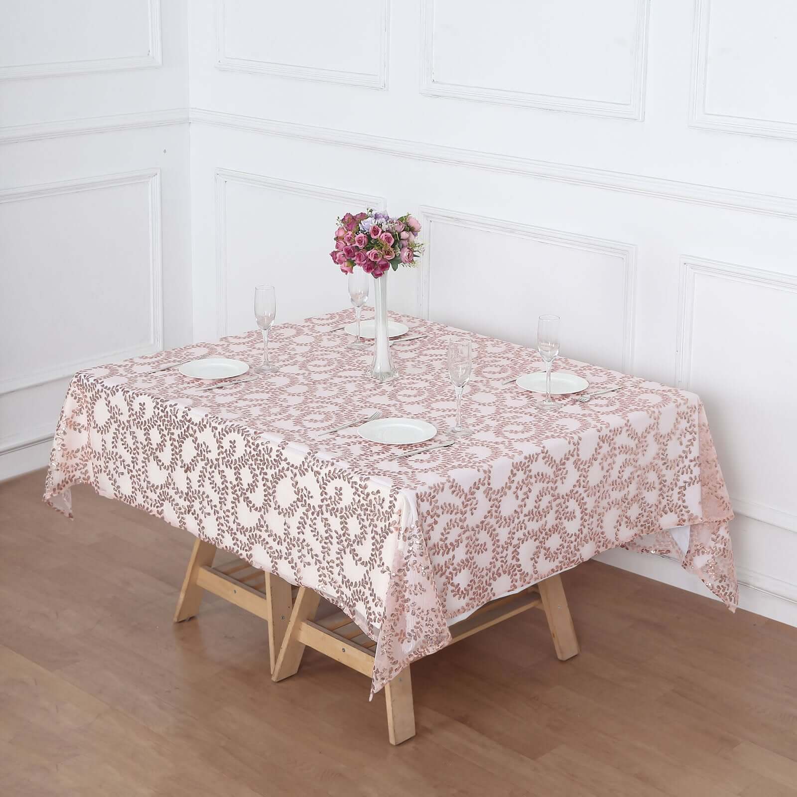 Hot Deal! Rose Gold Sequin Leaf Embroidered 72x72 Tulle Square Table Overlay