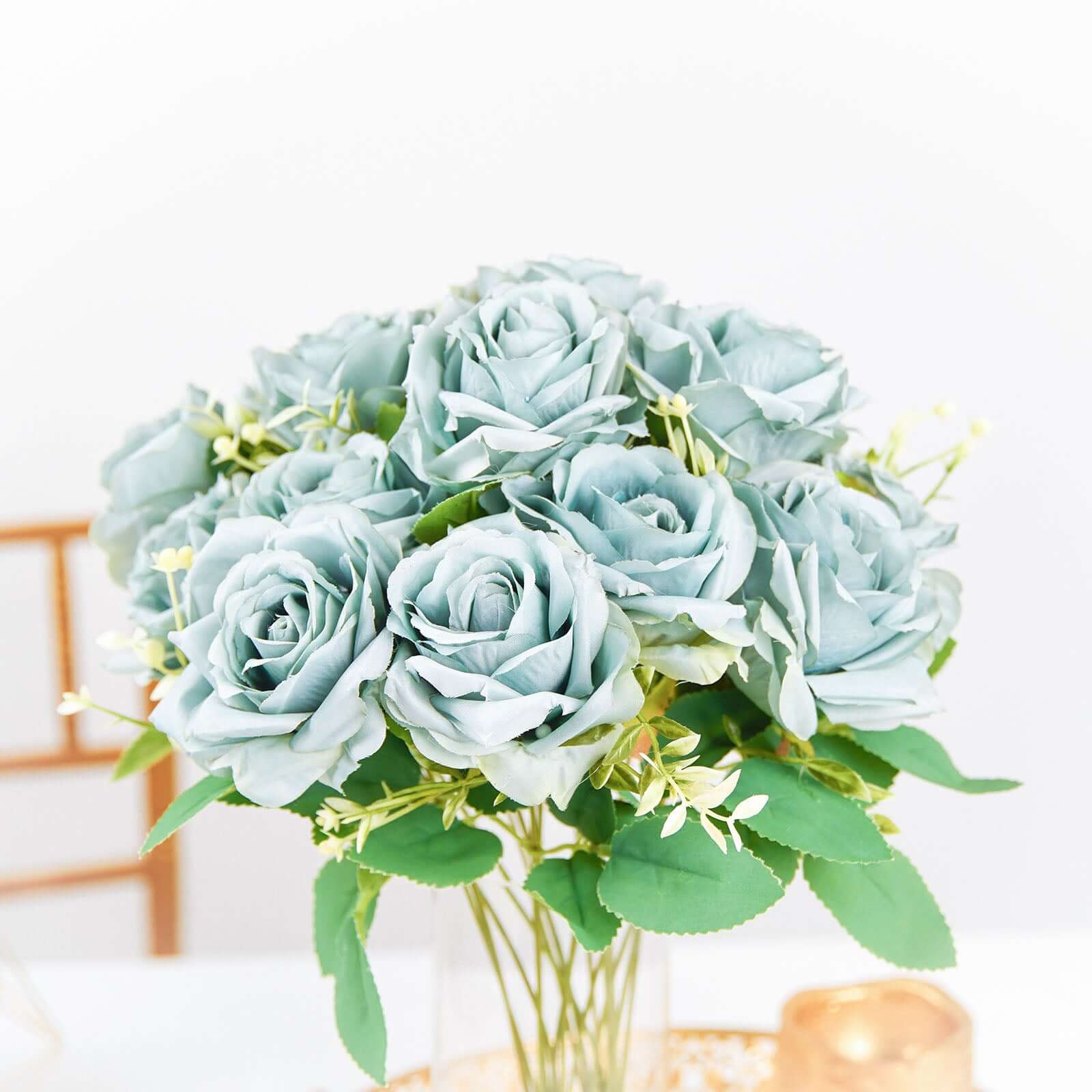 Hot Sale! 2 Bushes Silk Artificial Rose Flower Bouquet in Light Dusty Blue with 18 Real - Touch Blooms