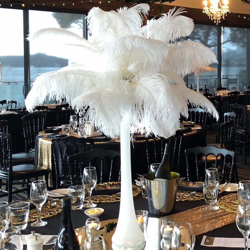 12-Piece Set of White Natural Ostrich Plume Feathers for Centerpiece, 24 - 26 Inches