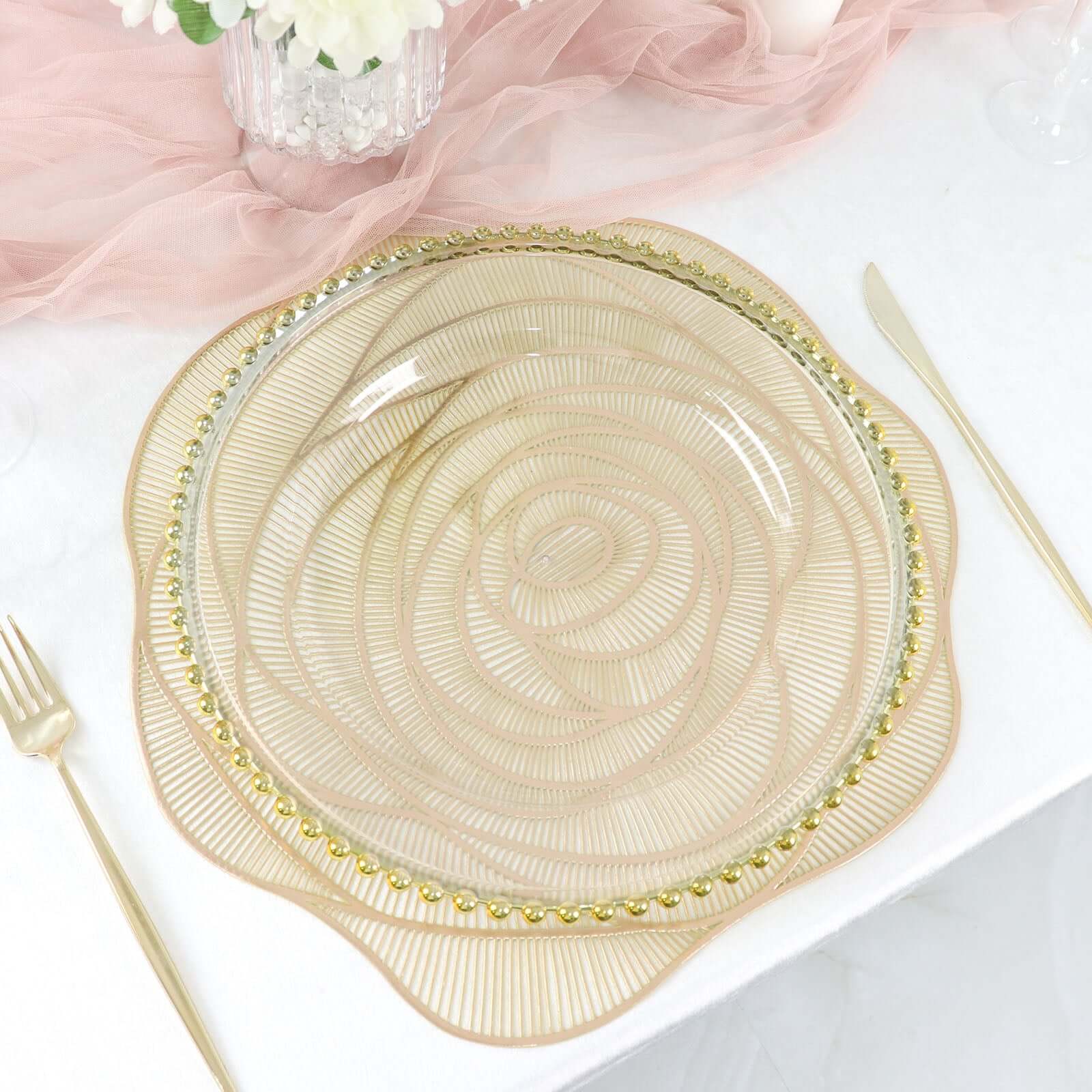 Hot Deal! 6-Pack Metallic Gold Rose Flower Vinyl Round Non-Slip Washable Dining Table Mats, 15"