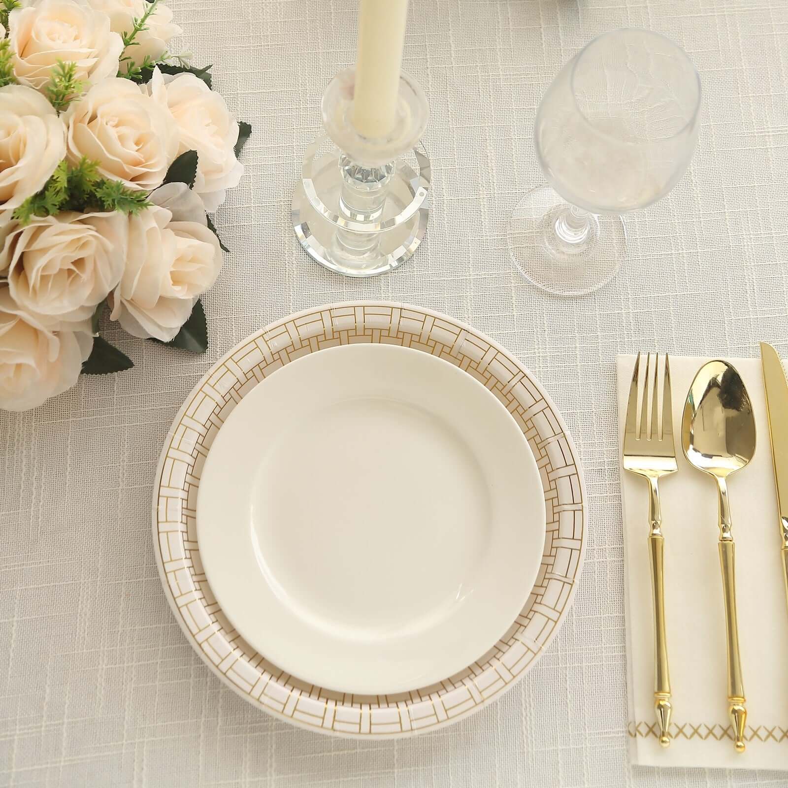 Get 25-Pack of Disposable 9-Inch White Paper Dinner Plates with Gold Basketweave Rim for Elegant Parties