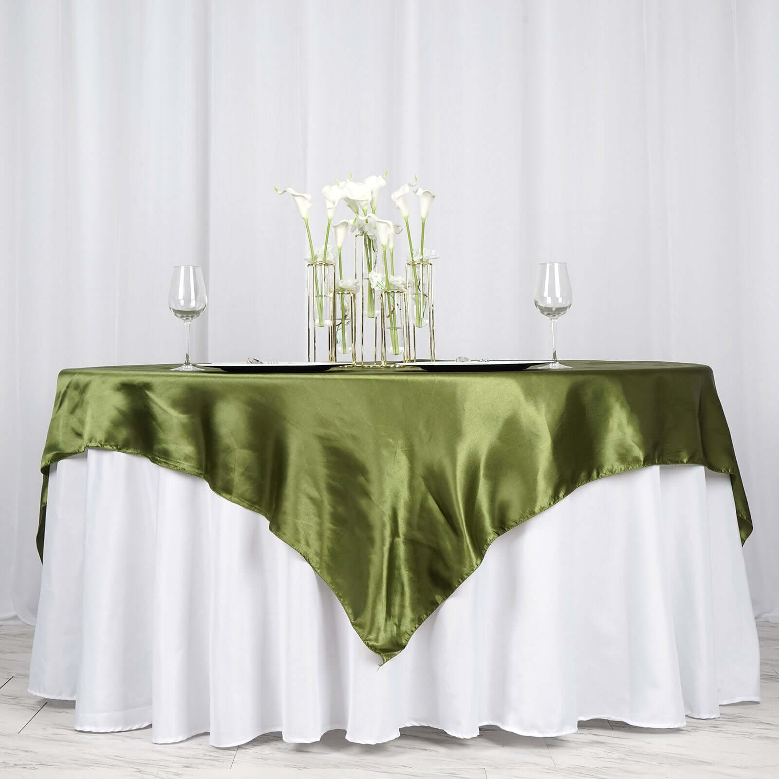 Olive Green Satin 72x72 Square Table Overlay - Smooth Finish Table Cover, Ideal for Events