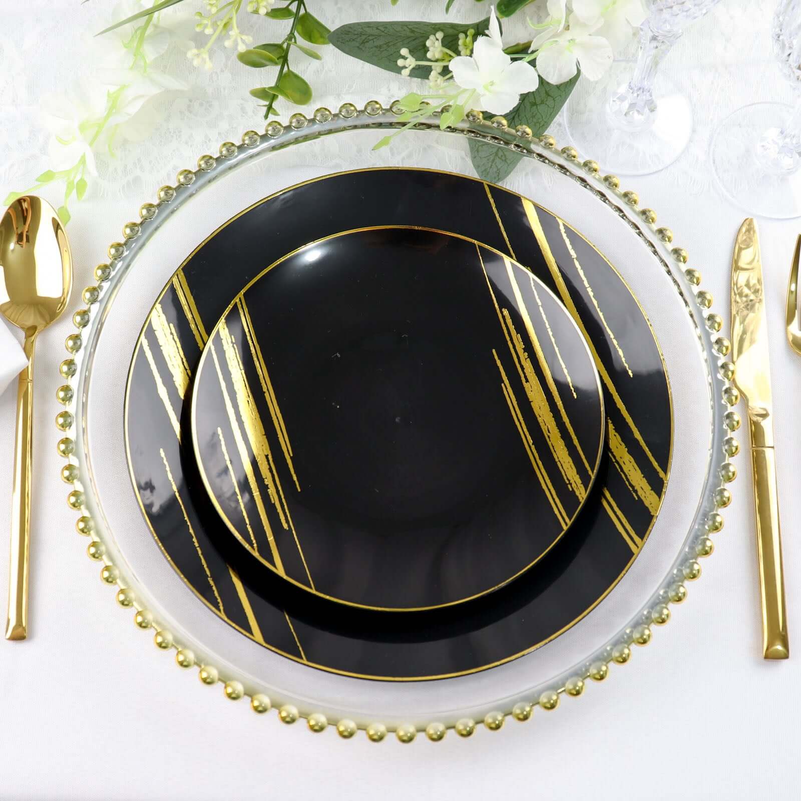 Hot Deal! 10-Pack Disposable Black Plastic Round Dinner Plates with Gold Brush Print