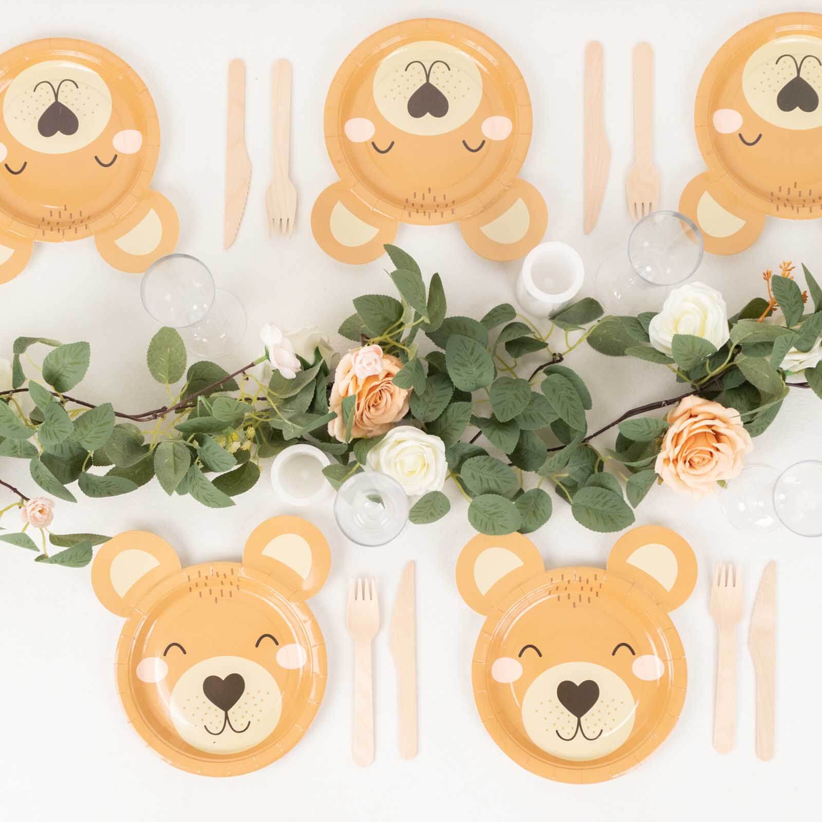 25-Pack Disposable 300GSM Brown Round Paper Plates with Cute Teddy Bear Print for Party