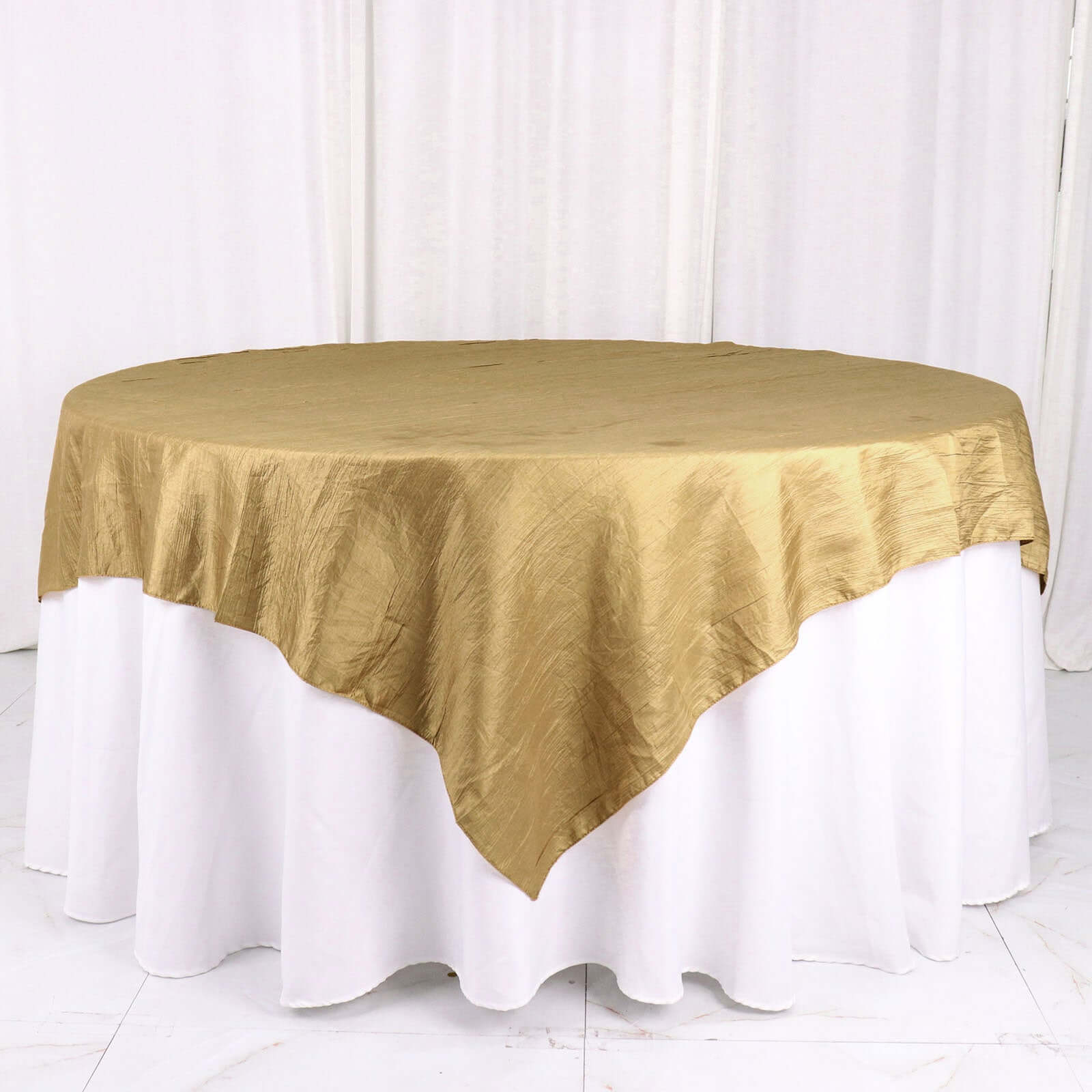 Gold Accordion Crinkle Design 72x72 Square Taffeta Table Overlay for Stylish Events
