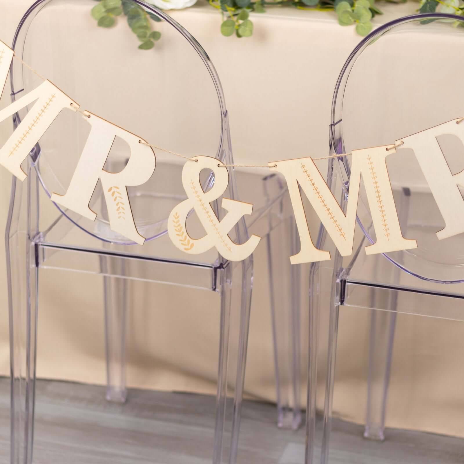 10ft Handmade Natural Pre - Strung Mr & Mrs Wooden Letter Banner with Rustic Botanical Design for Anniversaries
