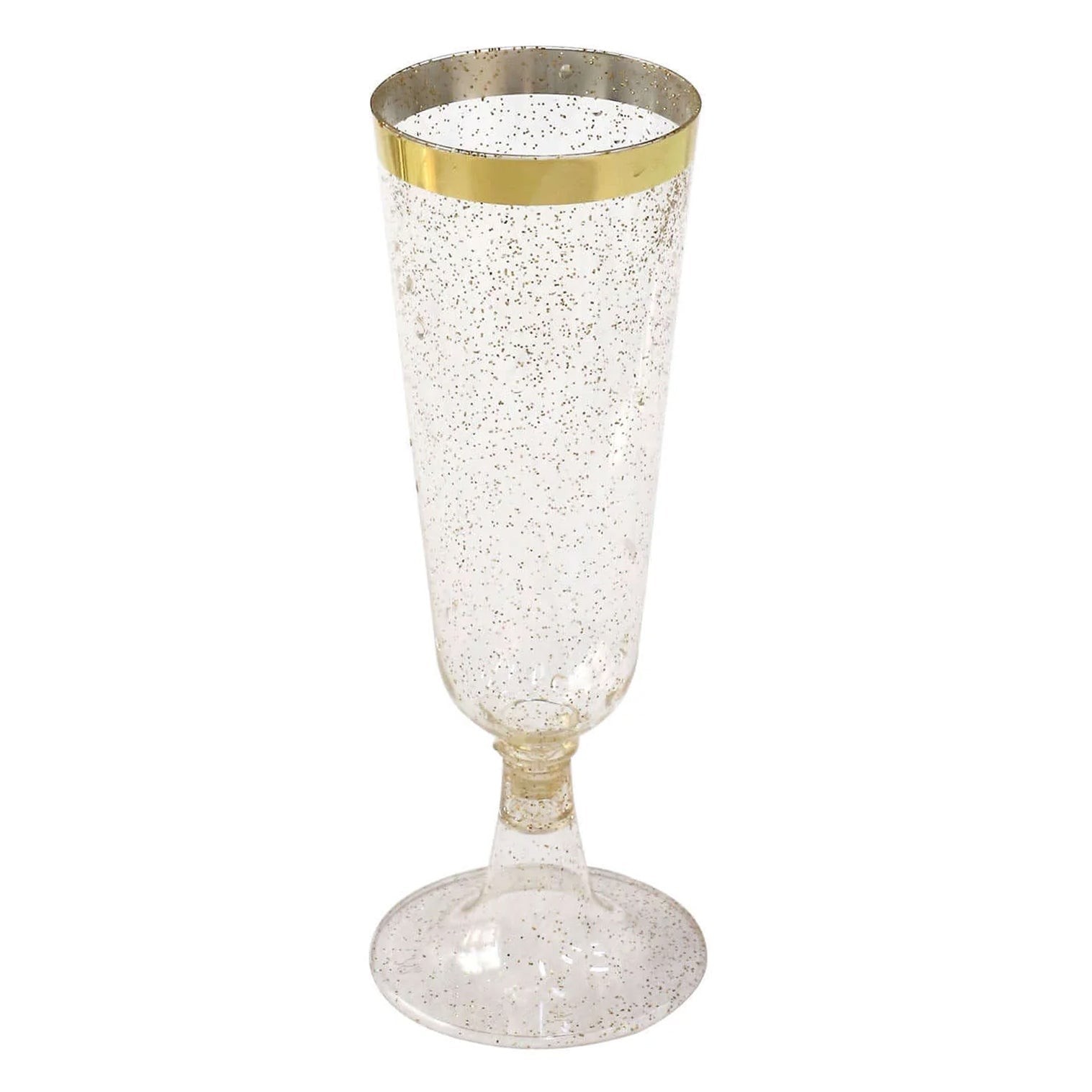 Hot Sale! 12-Pack Disposable Plastic Champagne Flutes with Clear Body, Gold Glitter, and Gold Rim for Parties, 6oz
