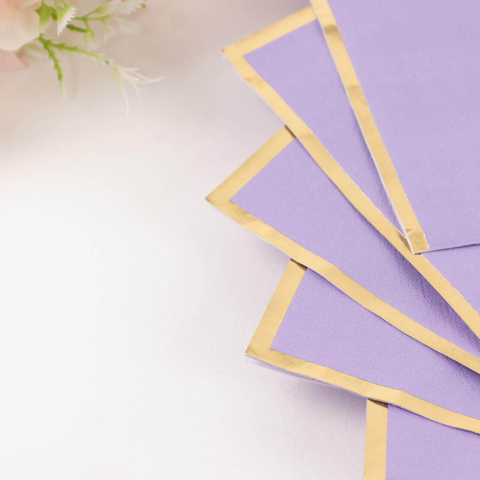 Get 50-Pack Disposable 2-Ply Lavender Cocktail Paper Napkins with Gold Foil Edge for Events