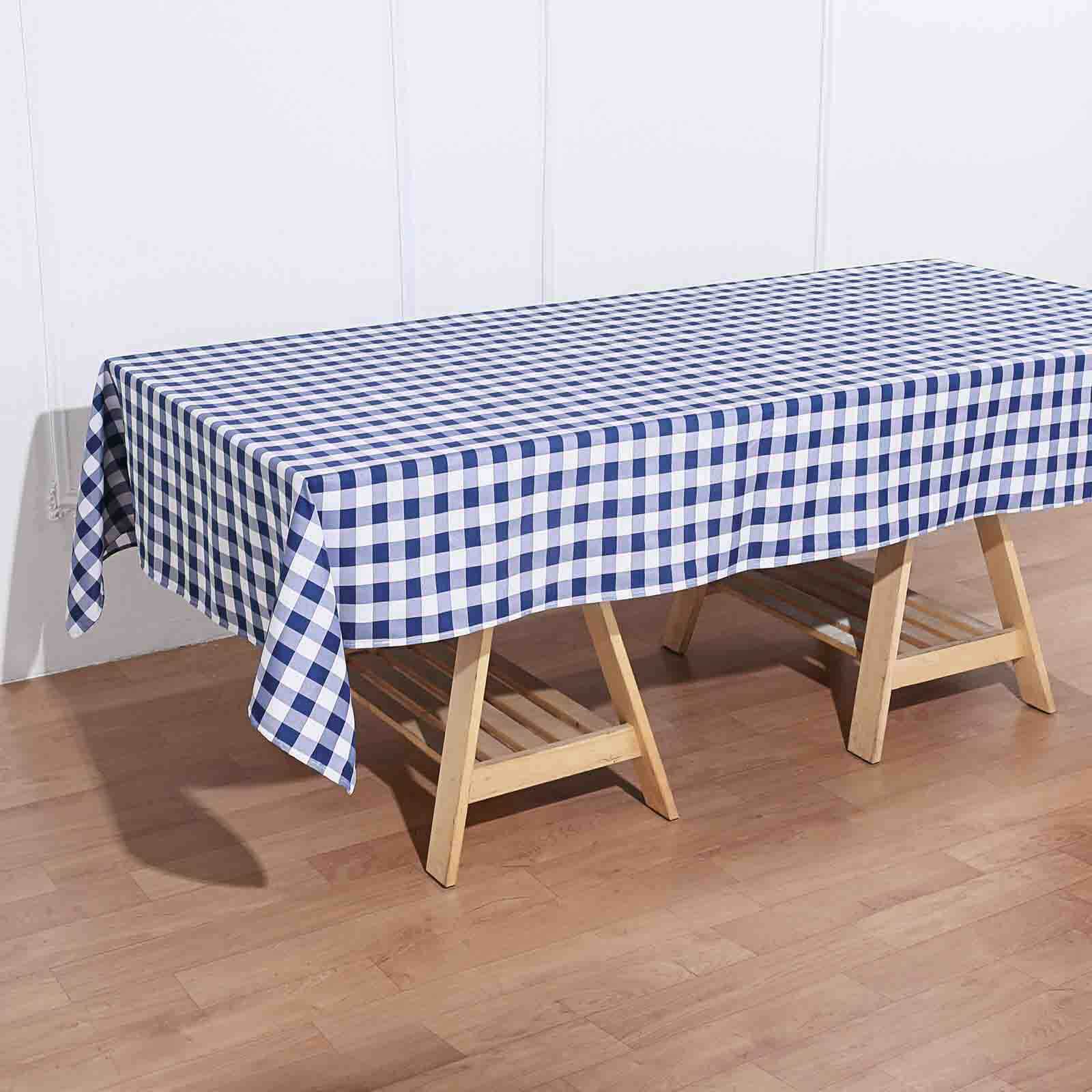 White/Navy Blue Checkered Buffalo Plaid Polyester Tablecloth - 60x102, Ideal for Events