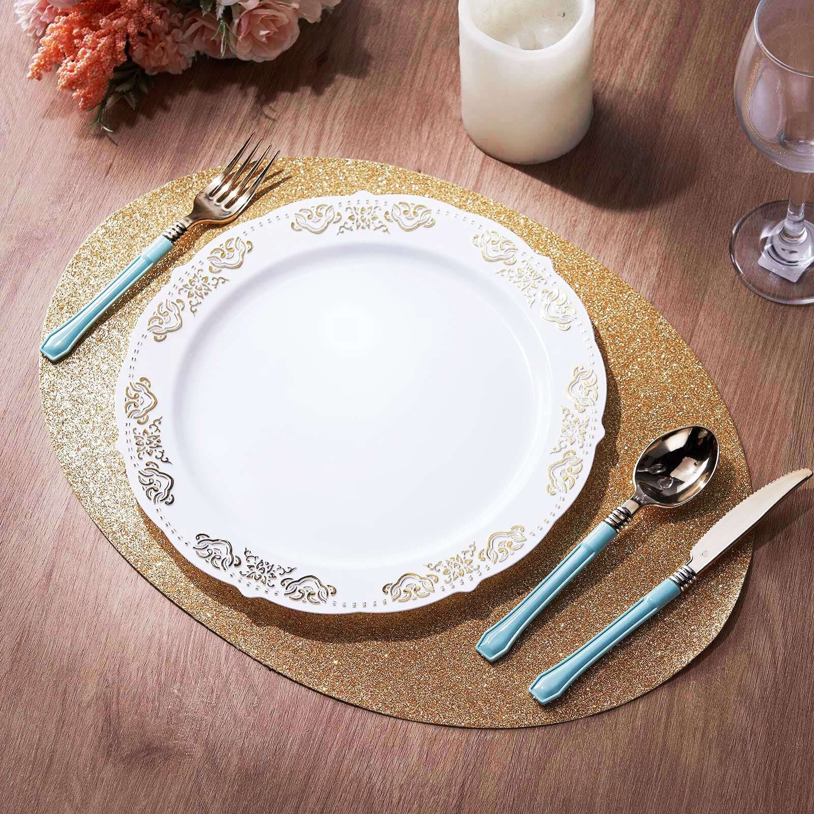 Hot Sale! 6-Piece Set of Champagne-Colored Glittery Oval Non-Slip Vinyl Placemats for Table Decor