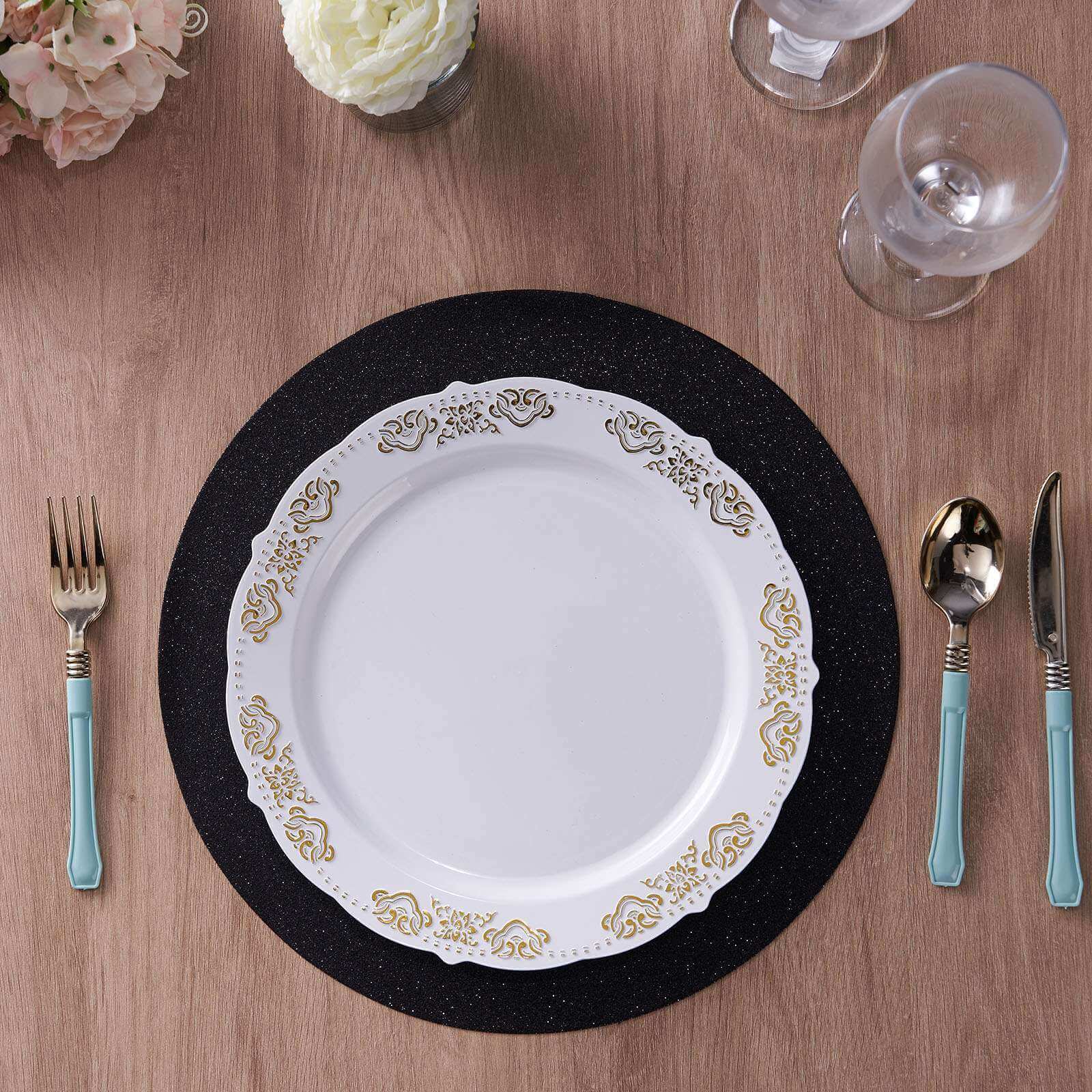 6-Piece Set of Non-Slip Black Glitter Round Placemats, 13 Inches