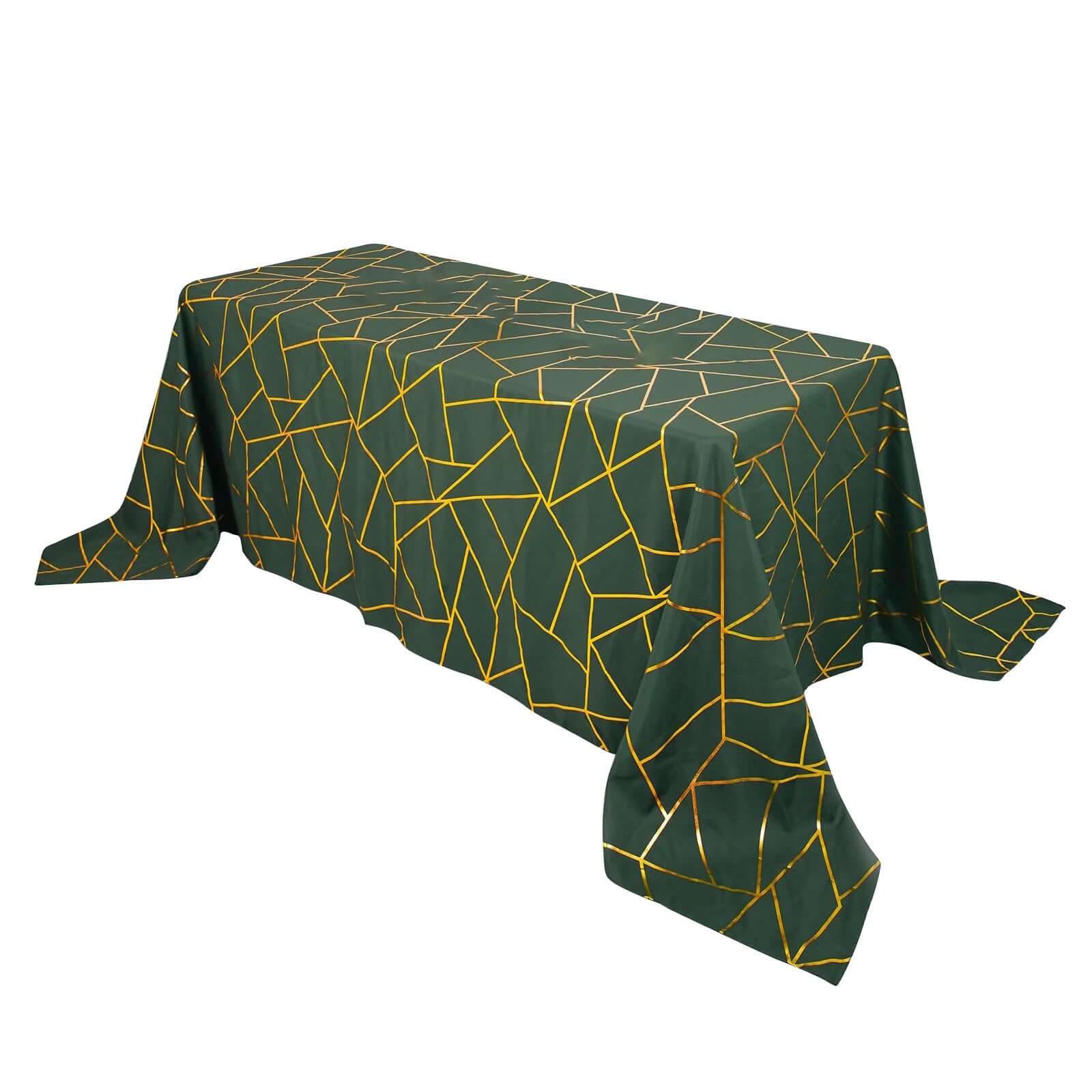 Hot Sale! Wrinkle-Resistant Seamless Polyester Tablecloth in Hunter Emerald Green with Gold Foil Geometric Pattern, 90x132