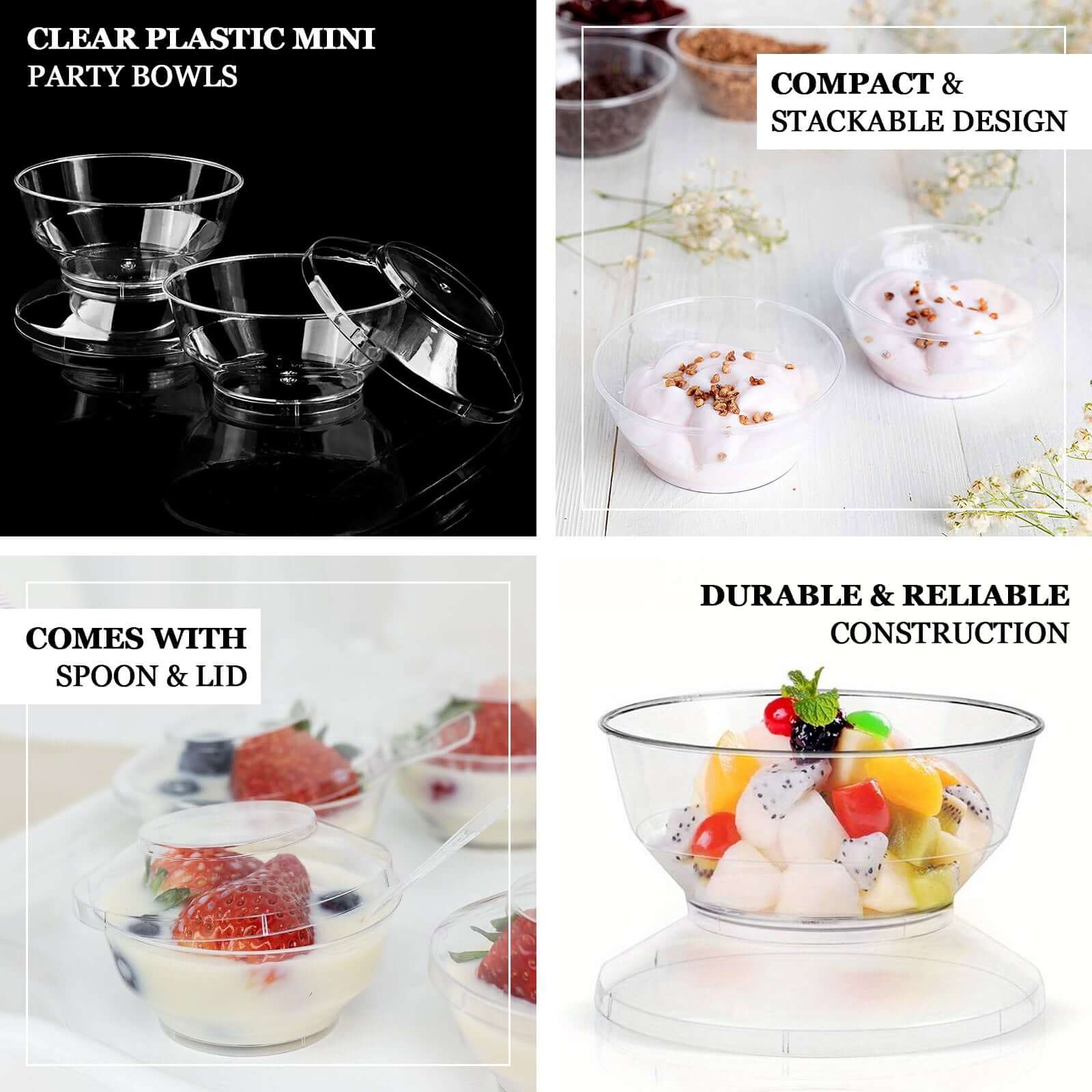 24-Piece Clear Plastic Mini Party Bowl Set with Lid and Spoon - 3.5oz Ideal for Desserts