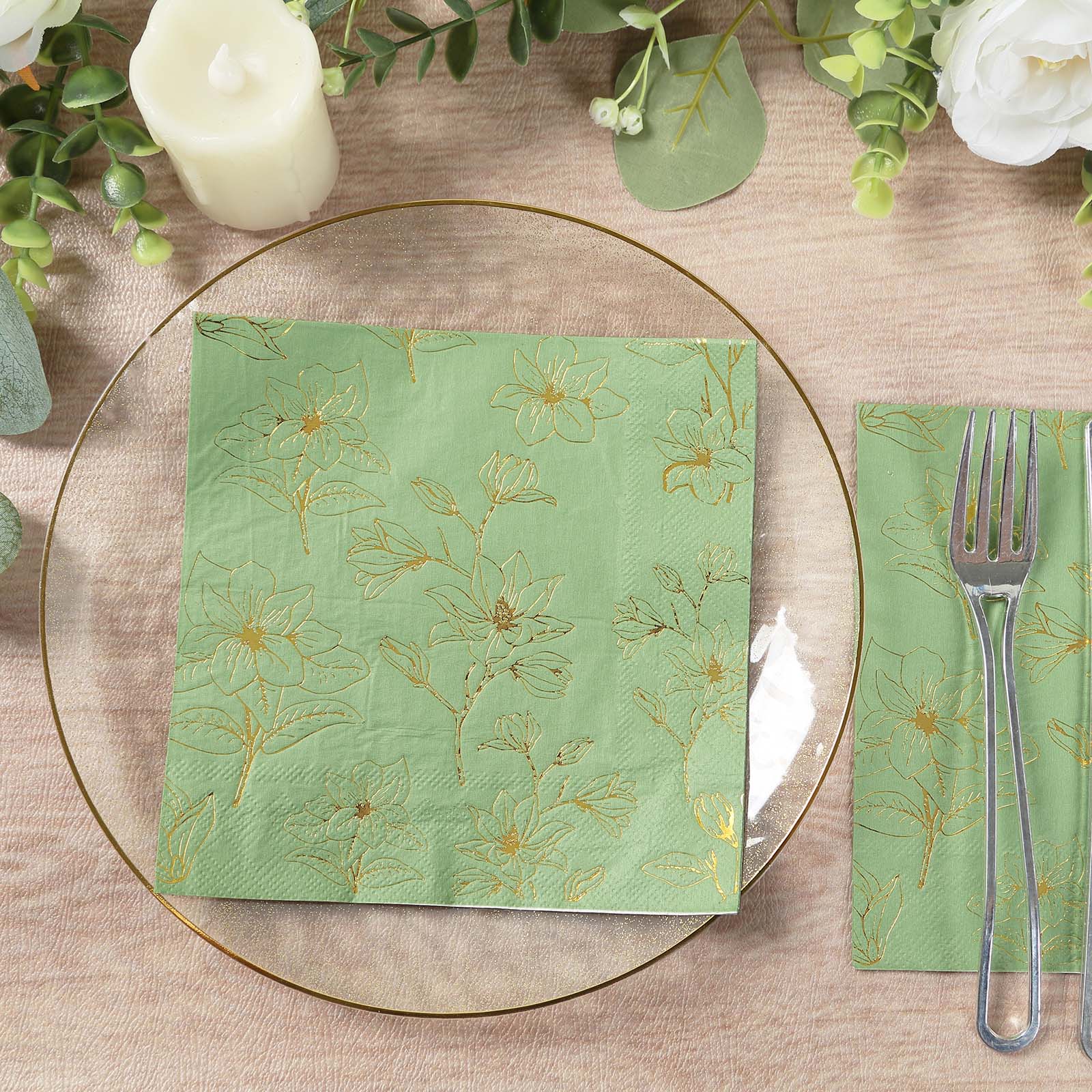 50-Pack Premium 2-Ply Absorbent Soft Paper Cocktail Napkins with Gold Magnolia Print in Sage Green