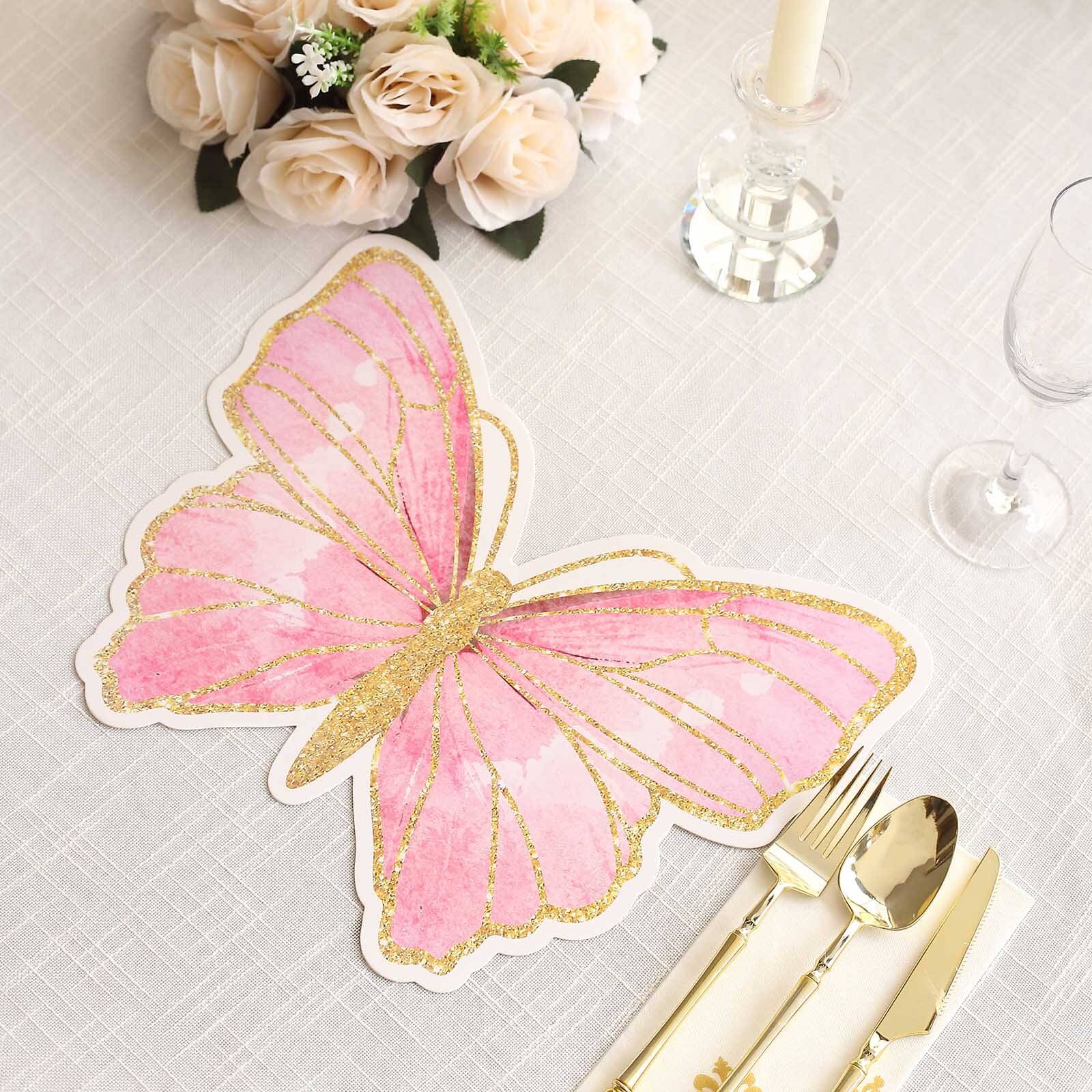 10-Pack Premium Disposable Pink Butterfly Placemats with Gold Glitters for Kids' Parties