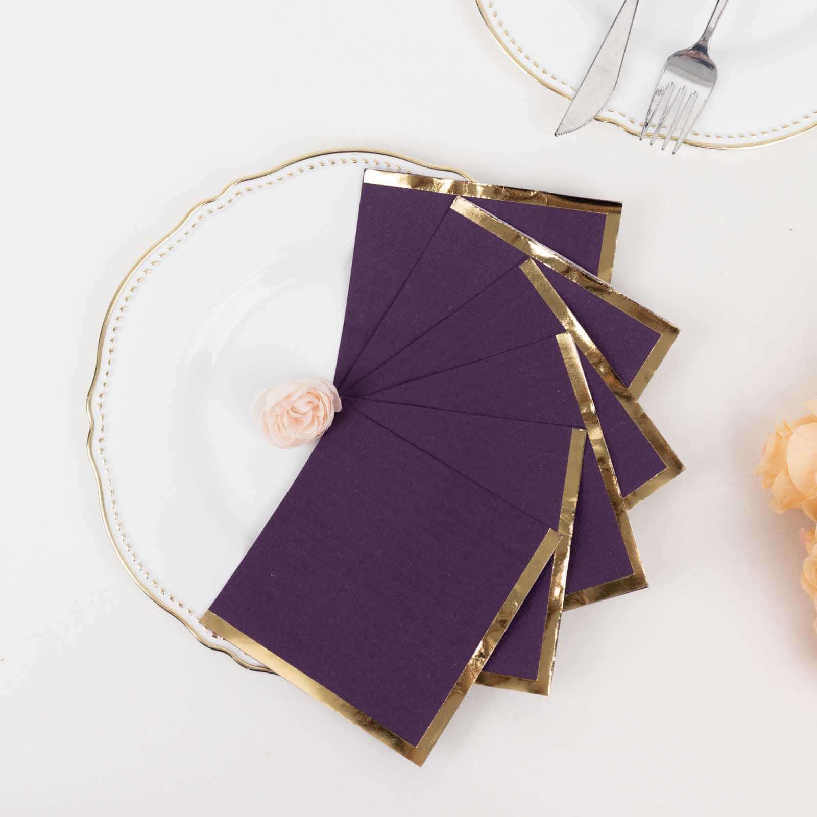 50-Piece 2-Ply Disposable Soft 18GSM Purple Cocktail Napkins with Gold Foil Edge, 5x5