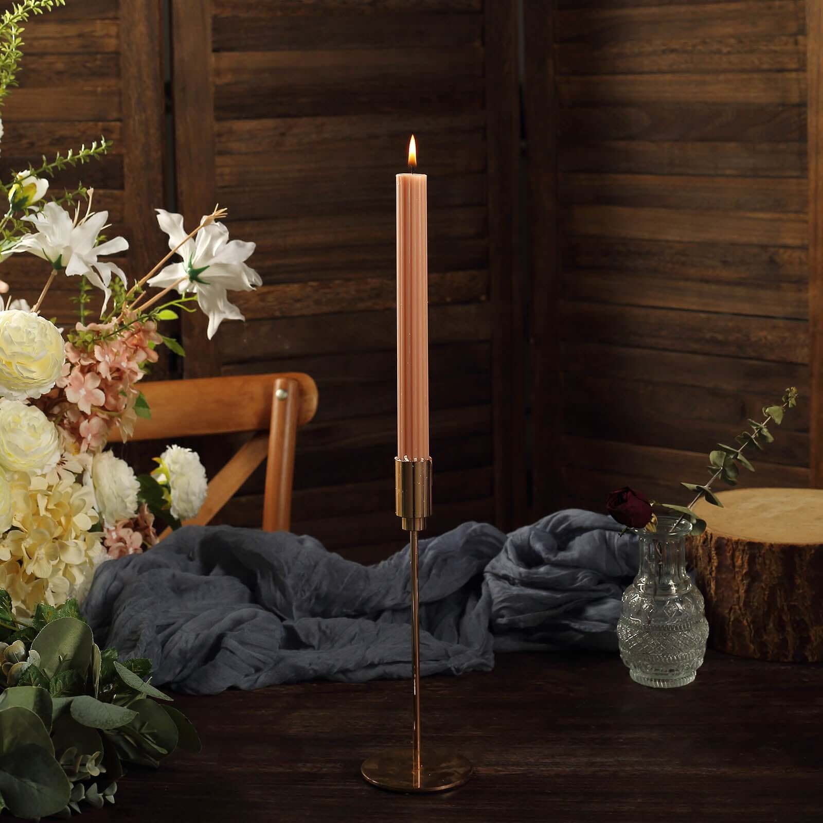 Premium Beige 5-Pack Unscented Ribbed Taper Dinner Candles, 9 Inches