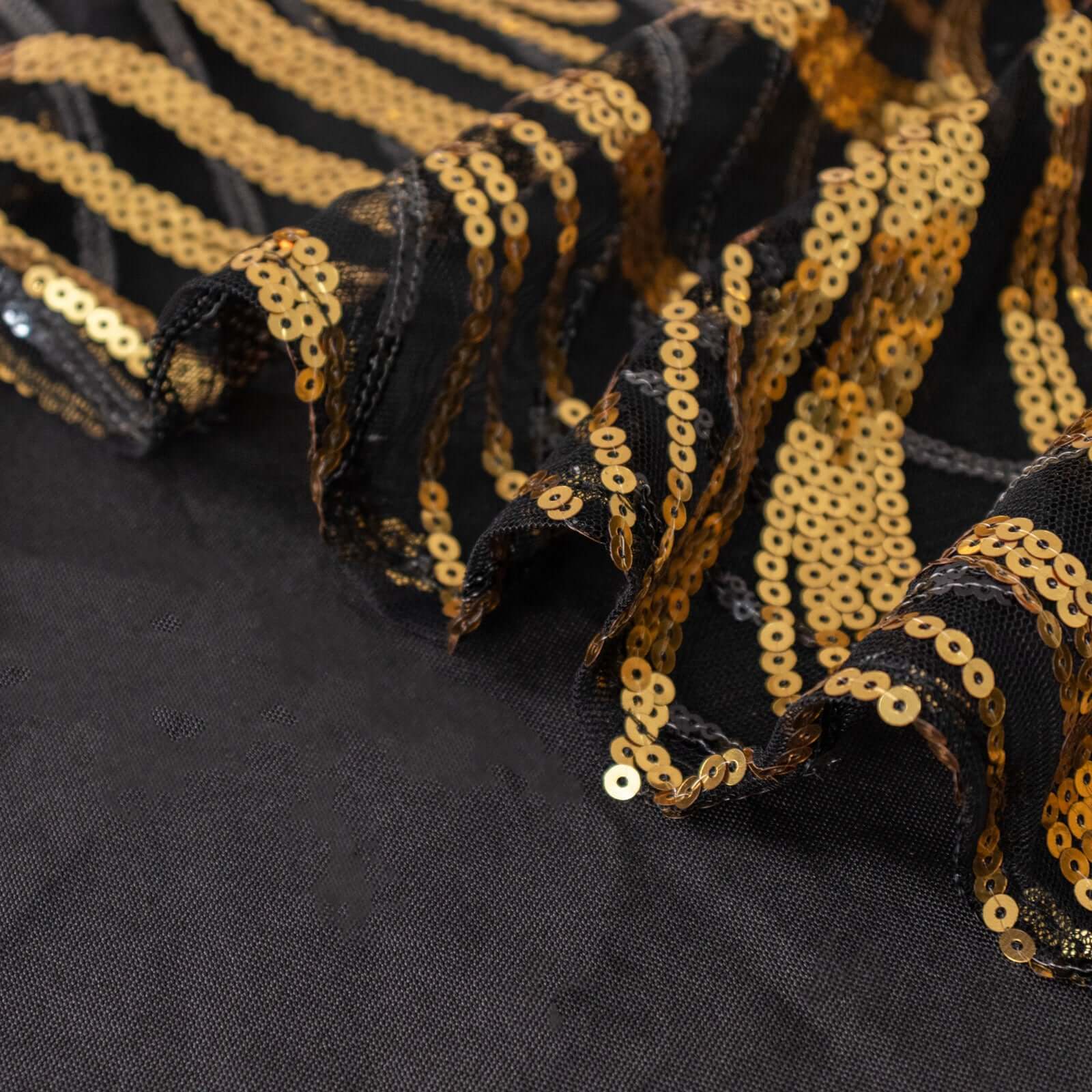Black Gold Square Mesh Table Overlay with Wave Embroidered Sequins - Exclusive Offer