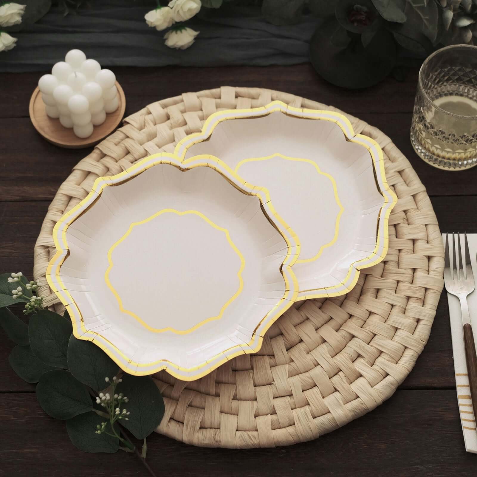 25-Pack Disposable White Paper Dessert Plates with Gold Scallop Rim - Ideal for Classy Events