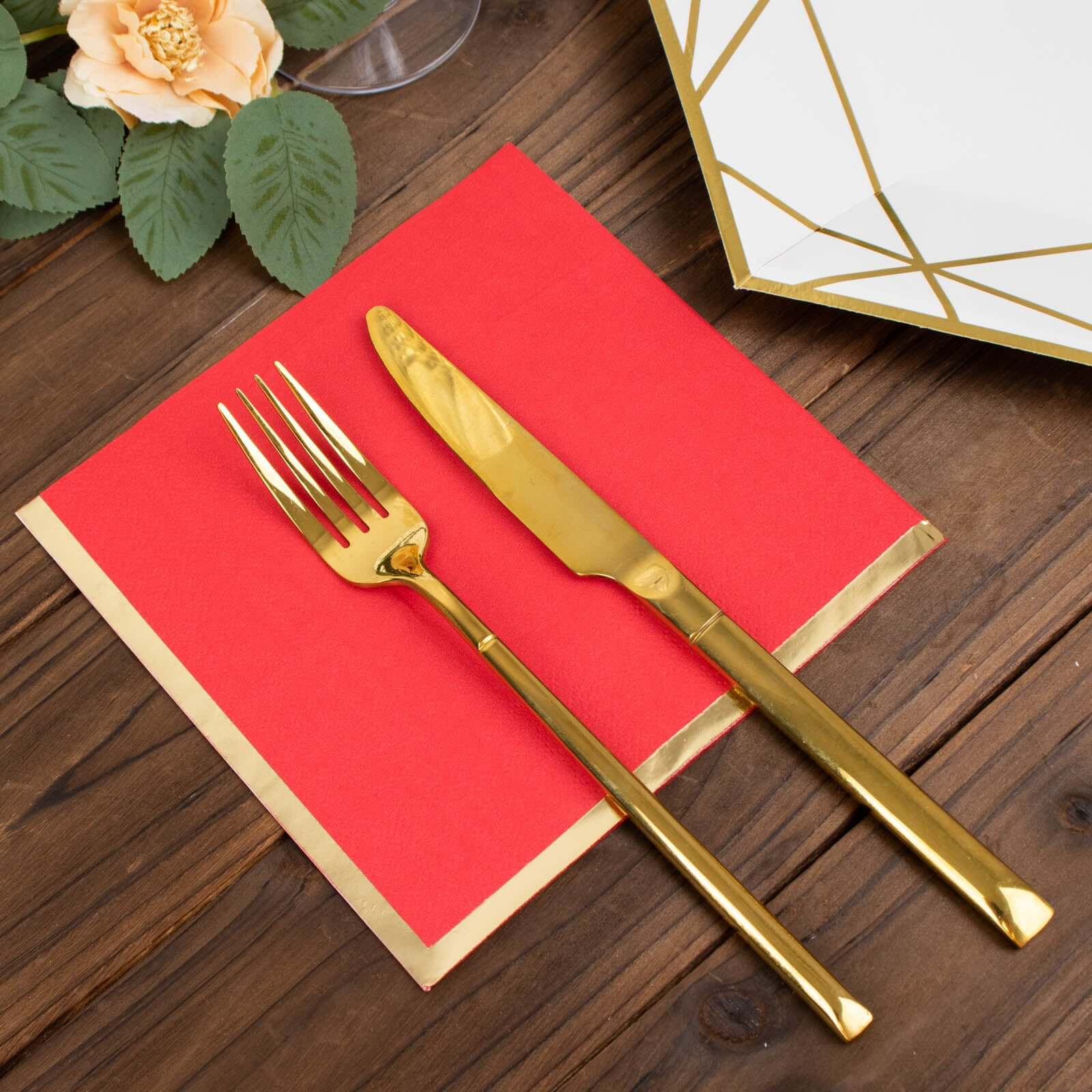 Hot! 50-Pack Red Disposable 2-Ply Cocktail Napkins with Gold Foil Edge, 6.5x6.5